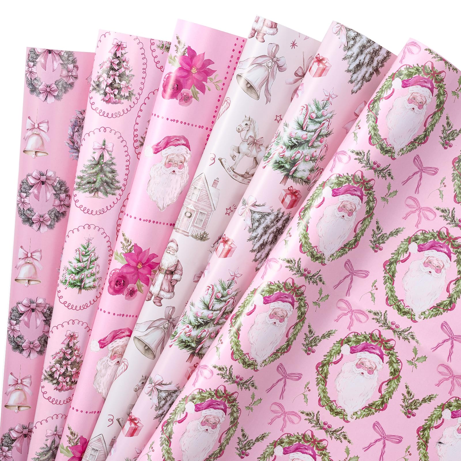 RUSPEPA Christmas Wrapping Paper Sheets for Girls, Pink Vintage Santa Claus, Christmas Tree, Bell, Wreaths and Car Design, Elegant Gift Wrap for Christmas, 6 Folded Sheets, 50x70cm