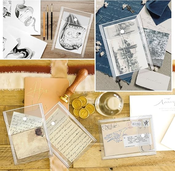 Vmiapxo 20 Pcs Small Plastic Envelopes with Snap Closure, Reusable Stamp and Die Storage Pockets, Waterproof Clear Envelope Pouch as Sticker Organizer, Receipt Holder, Photo Storage Folders (5x7 Inch)