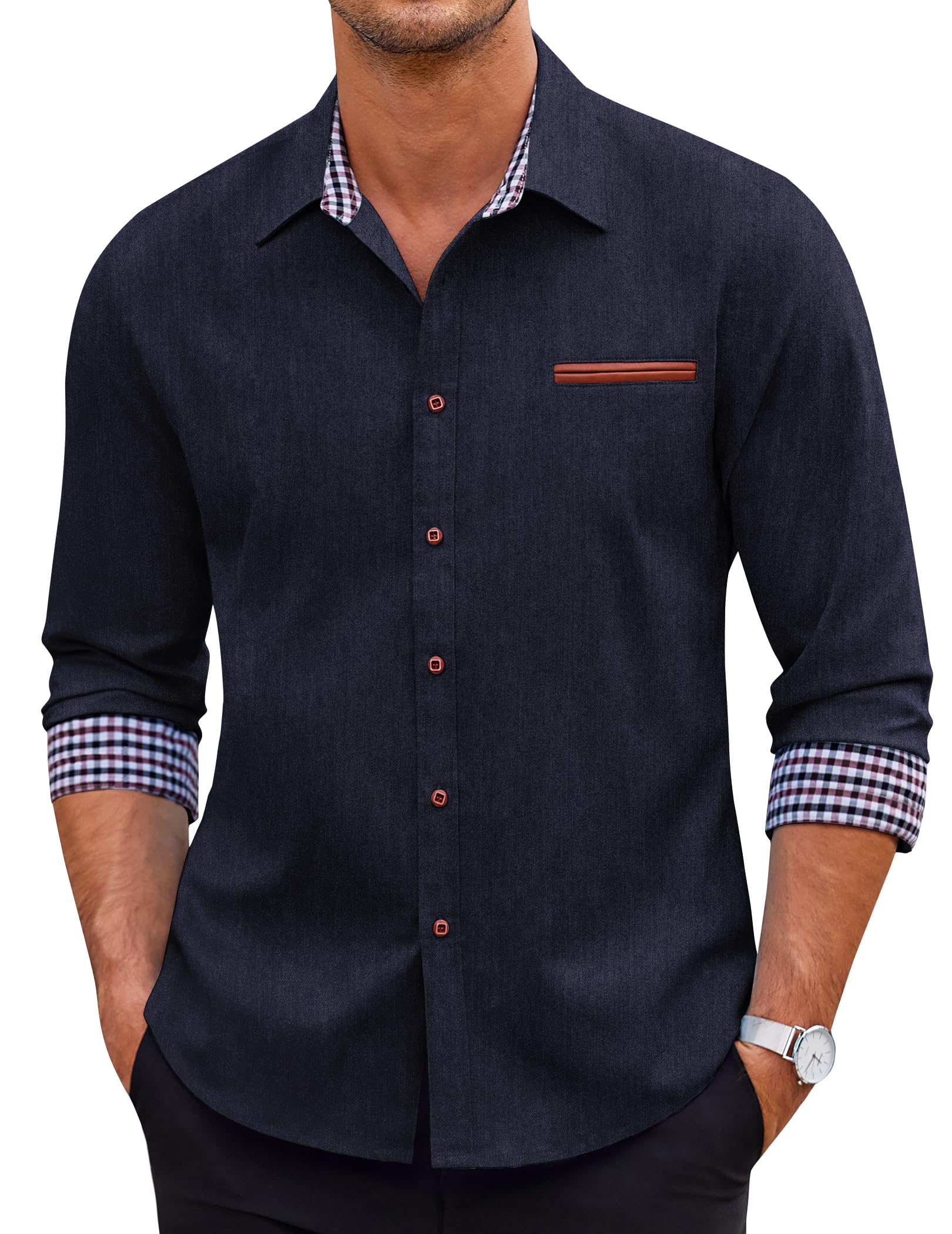 Men's Long Sleeve Casual Button Down Shirts Untucked Shirts Plaid Collar Vintage Denim Shirt