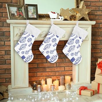 Oyihfvs Vintage Blue Ink Chinese Vases in Chinese Style on White Christmas Stockings, 1 PCs Large Faux Fur Cuff Gift Stockings Decorations for Xmas Party Home Family Stairs Holiday 12 x18