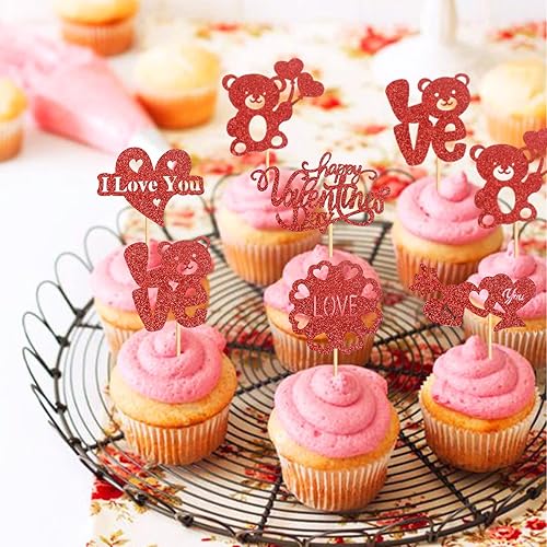 Miniatura 5 de Keaziu XOXO - Paquete de 24 adornos para cupcakes para el día de San Valentín beso me amo ti púas de magdalenas rojas corazón de auto regalo para