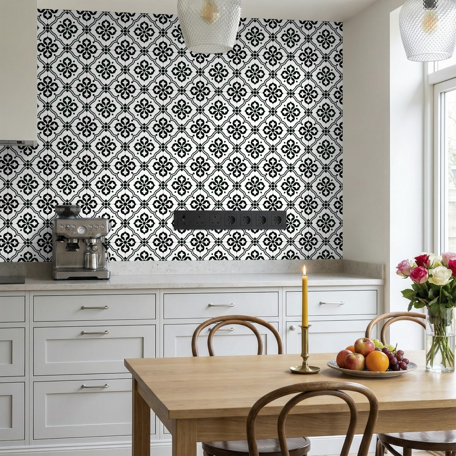 Stick on Tiles Moroccan Black Flower Kitchen Tile Stickers Waterproof Vinyl Decals Self Adhesive Stick on Bathroom Tiles Backsplash Decorative Tile Covers 30x30 cm/ 10 pcs