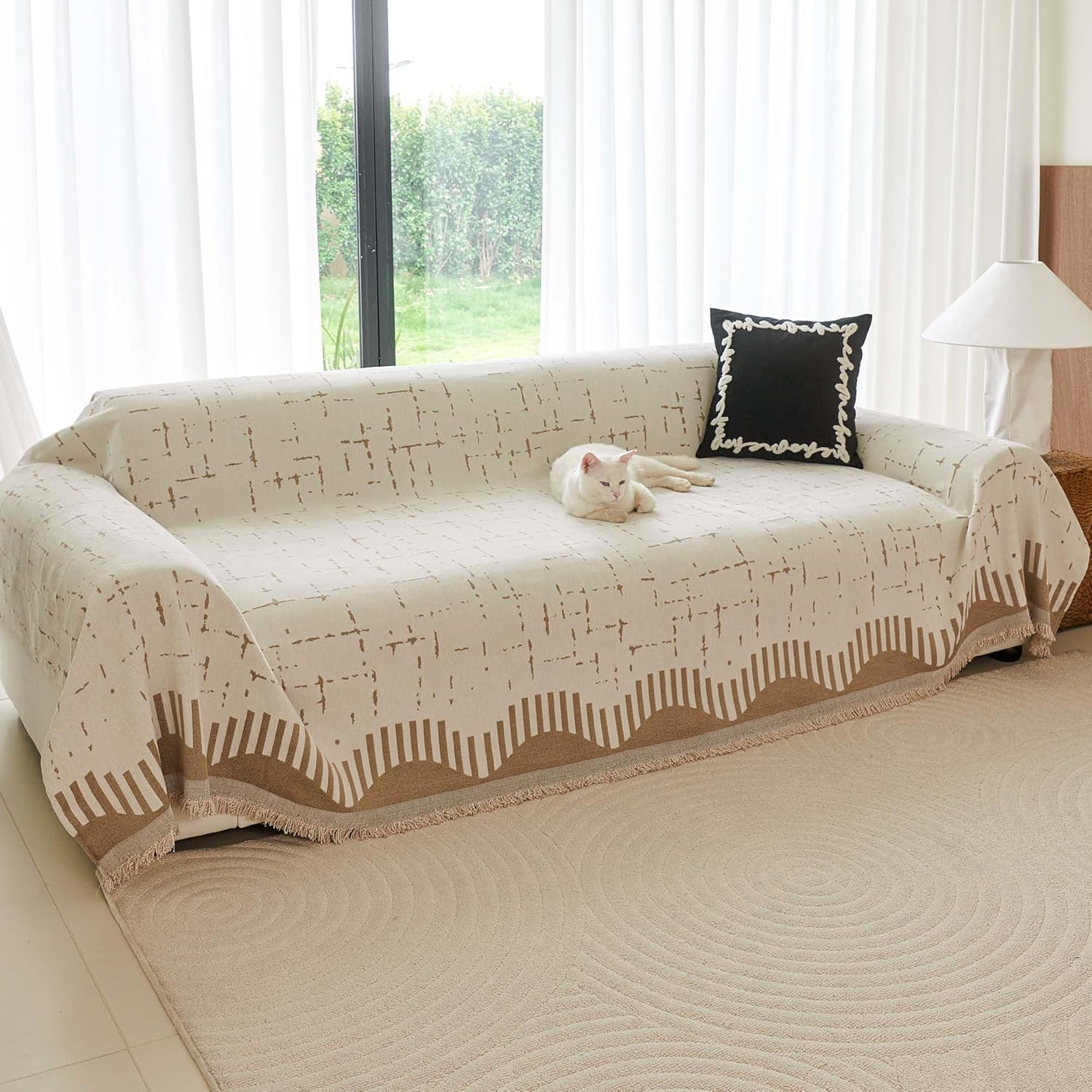 Boho Couch Cover for Dogs - Pet Proof Sofa Covers for 2 Cushion Couch, Non-Slip Chenille Sofa Slipcover, Pet Friendly Furniture Cover Fits Love Seat, 71"x118", Light Brown