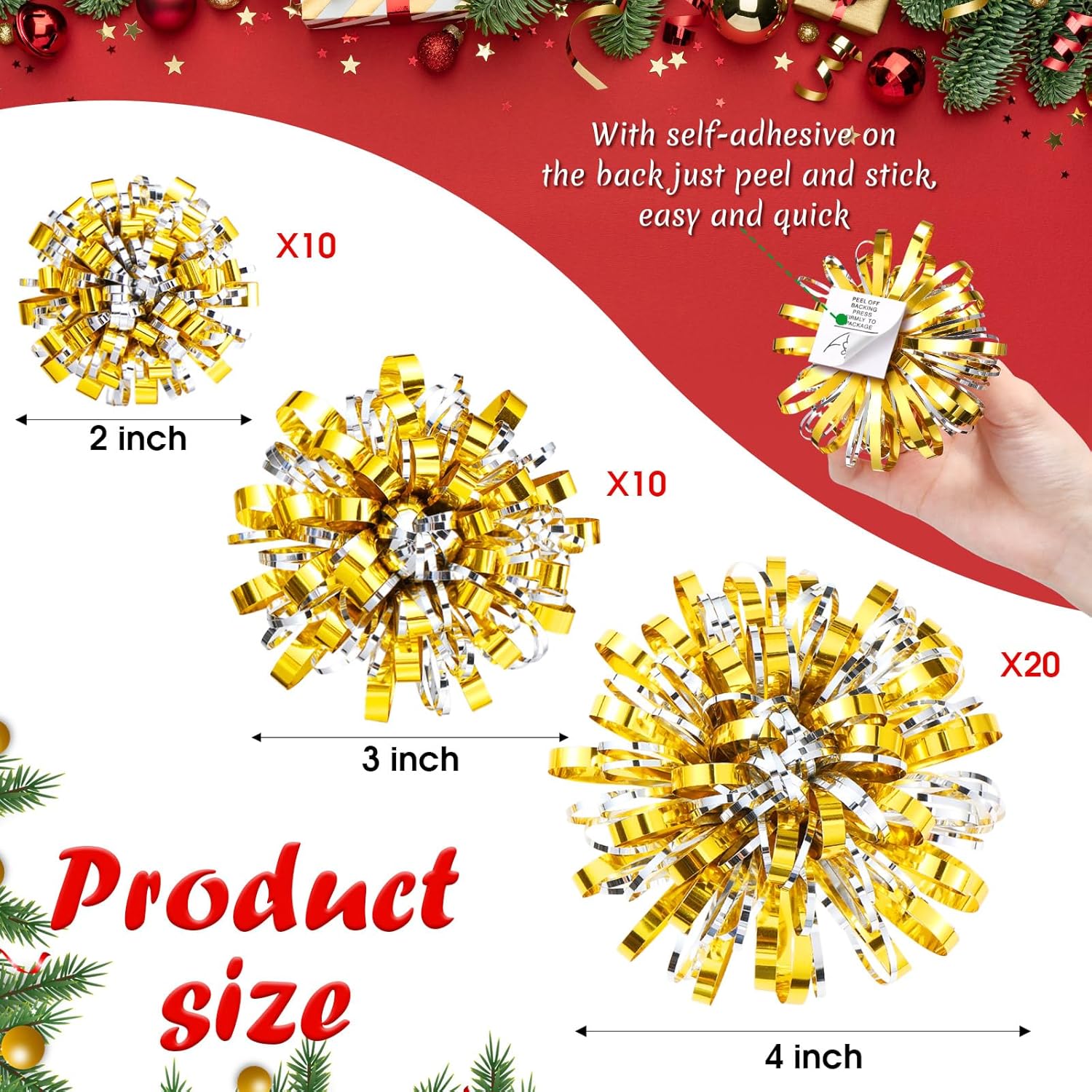 Yunlly 40 Pcs 2'' 3'' 4'' Christmas Bows Gift Wrapping Self-Adhesive Metallic Assorted Size Christmas Present Bows with Ribbon for Gift Basket, Holiday, Birthday, Anniversary(Gold, Silver) - Image 2