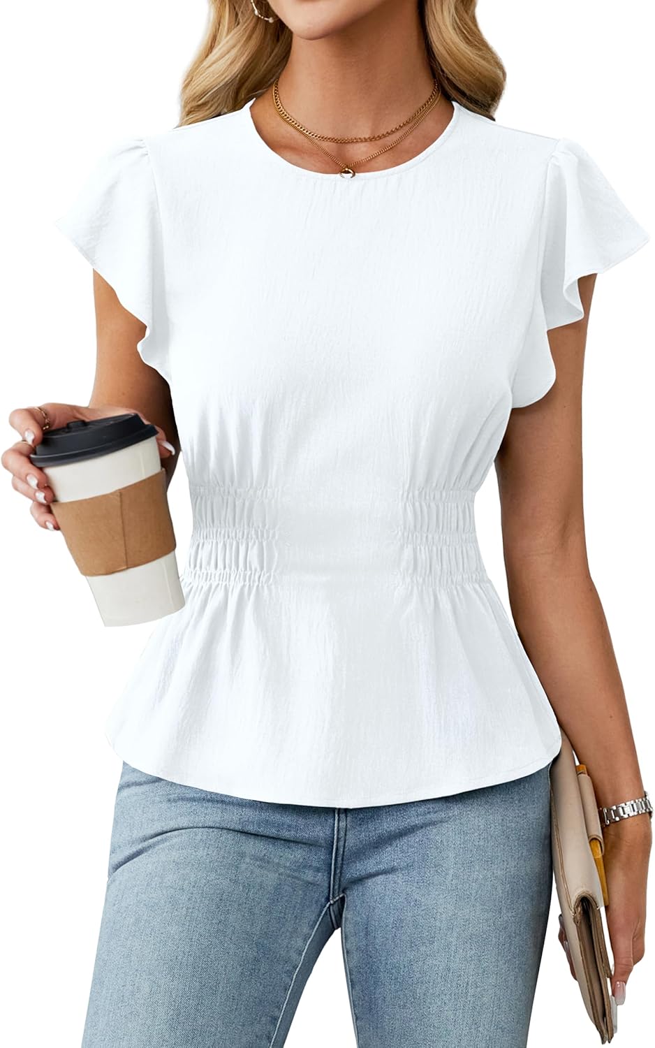 Blooming Jelly Women’s Dressy Casual Blouses Business Ruffle Short Sleeve Tops Summer Crew Neck Smocked Shirts