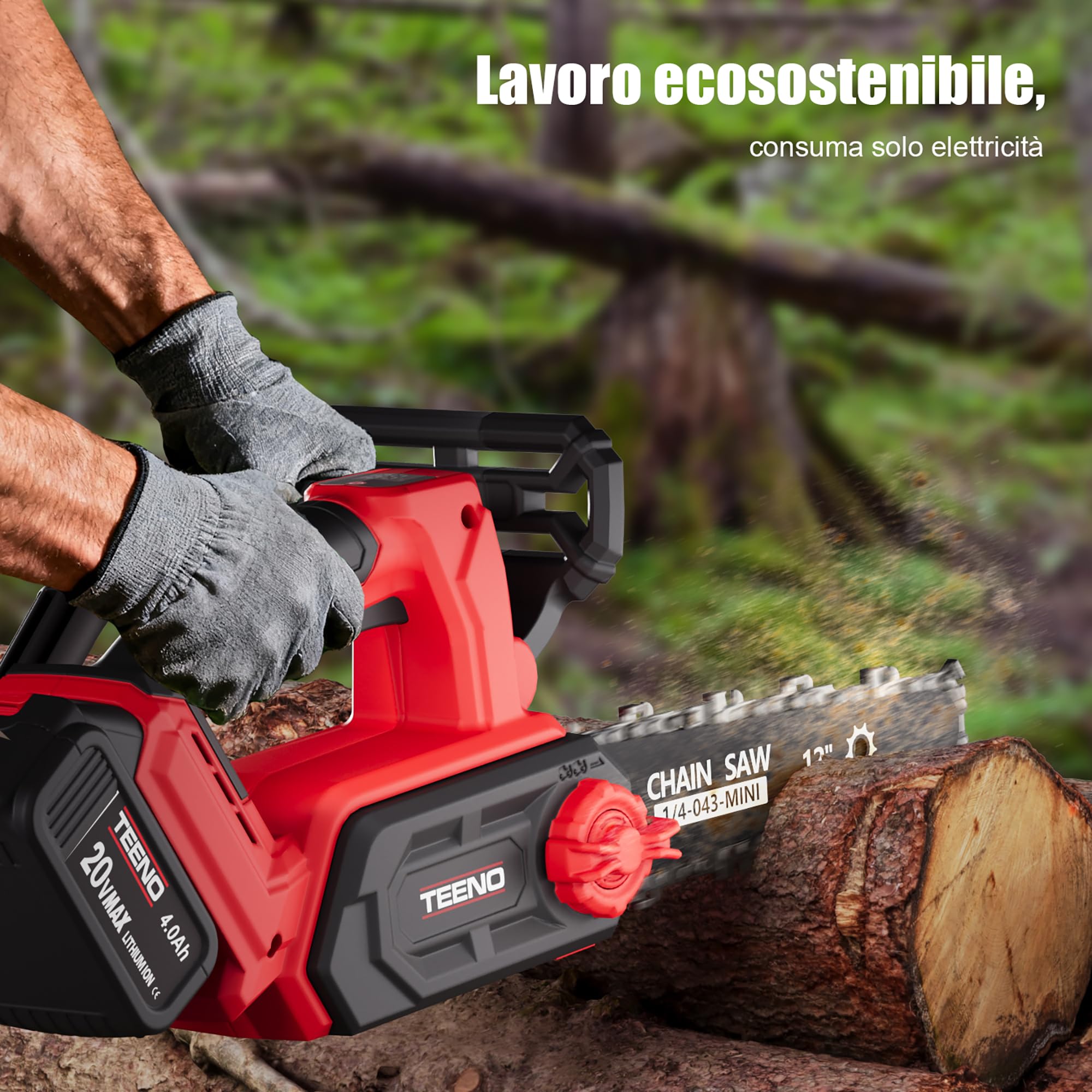 Motosega a Batteria 12 Pollici, 1200W Brushless Motosega Elettrica Senza Fili con 2 Batterie 4.0Ah e Caricatore, Serbatoio Olio 120ml, Tensione Catena Senza Utensili, Potatura Alberi e Taglio Legna