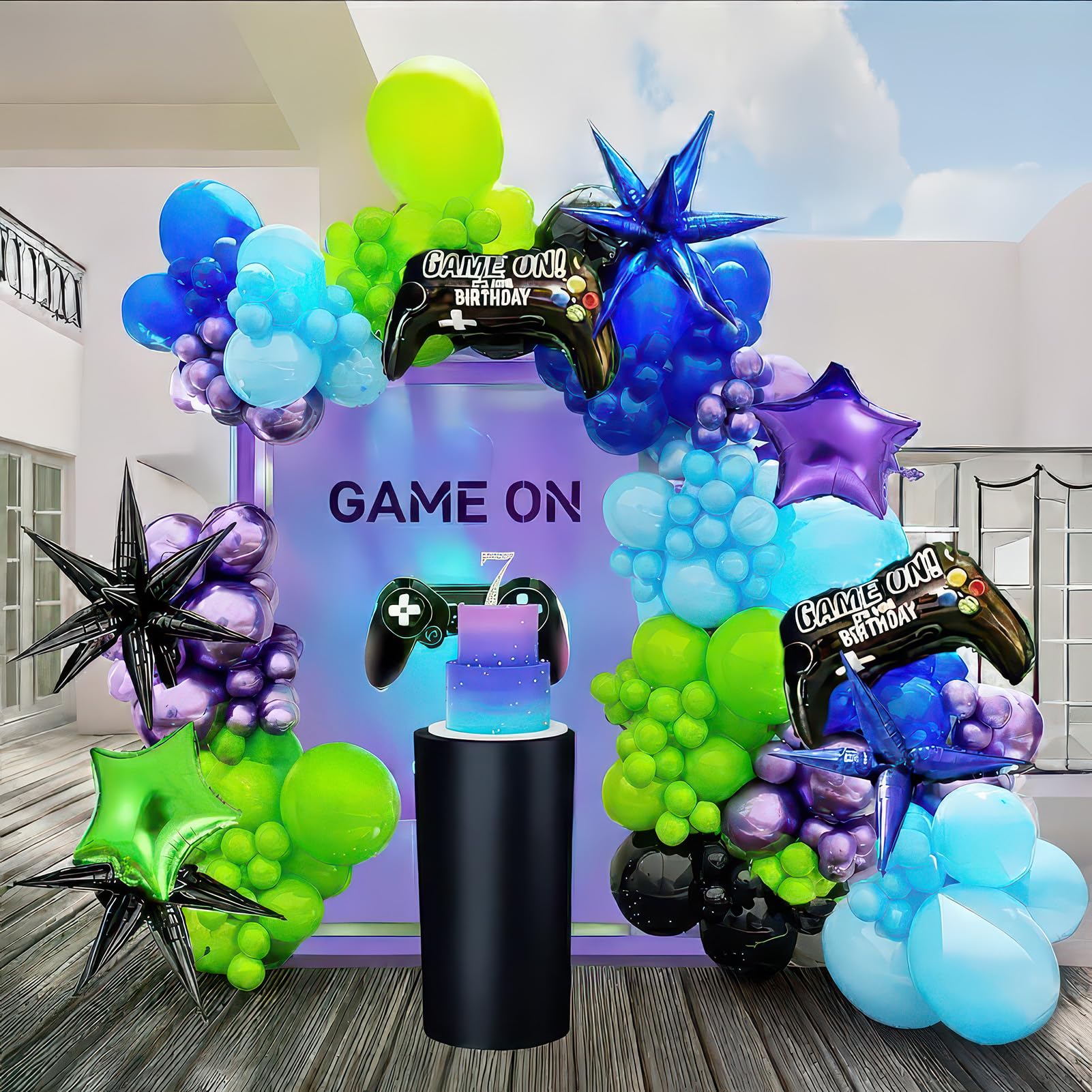 yeewaka Video game Themed blue and green chrome purple balloon garland arch kit 140+pcs with handle star mylar balloon for Video game Themed Birthday
