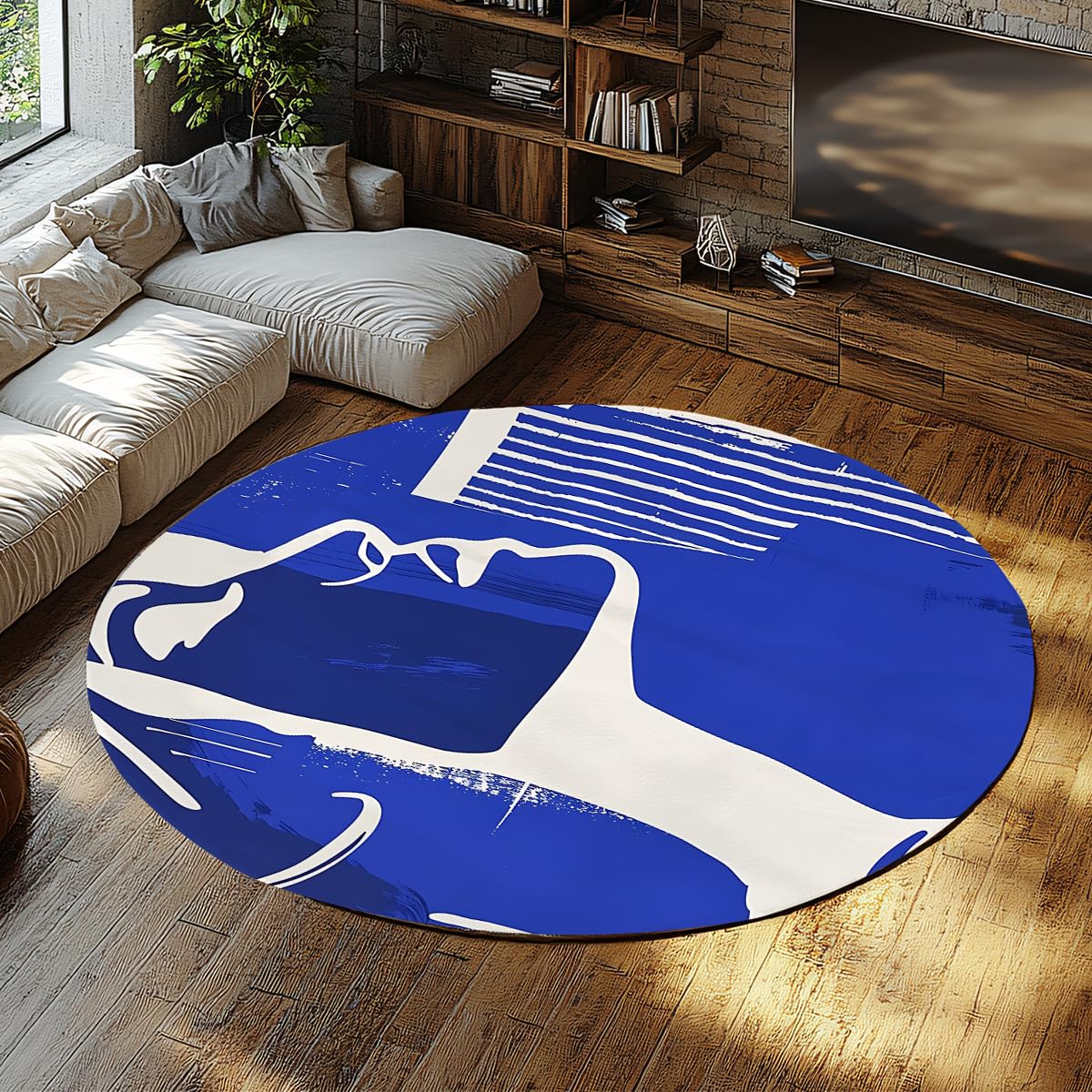 Tapis de sol salon abstrait bleu lavable pour appartement moderne