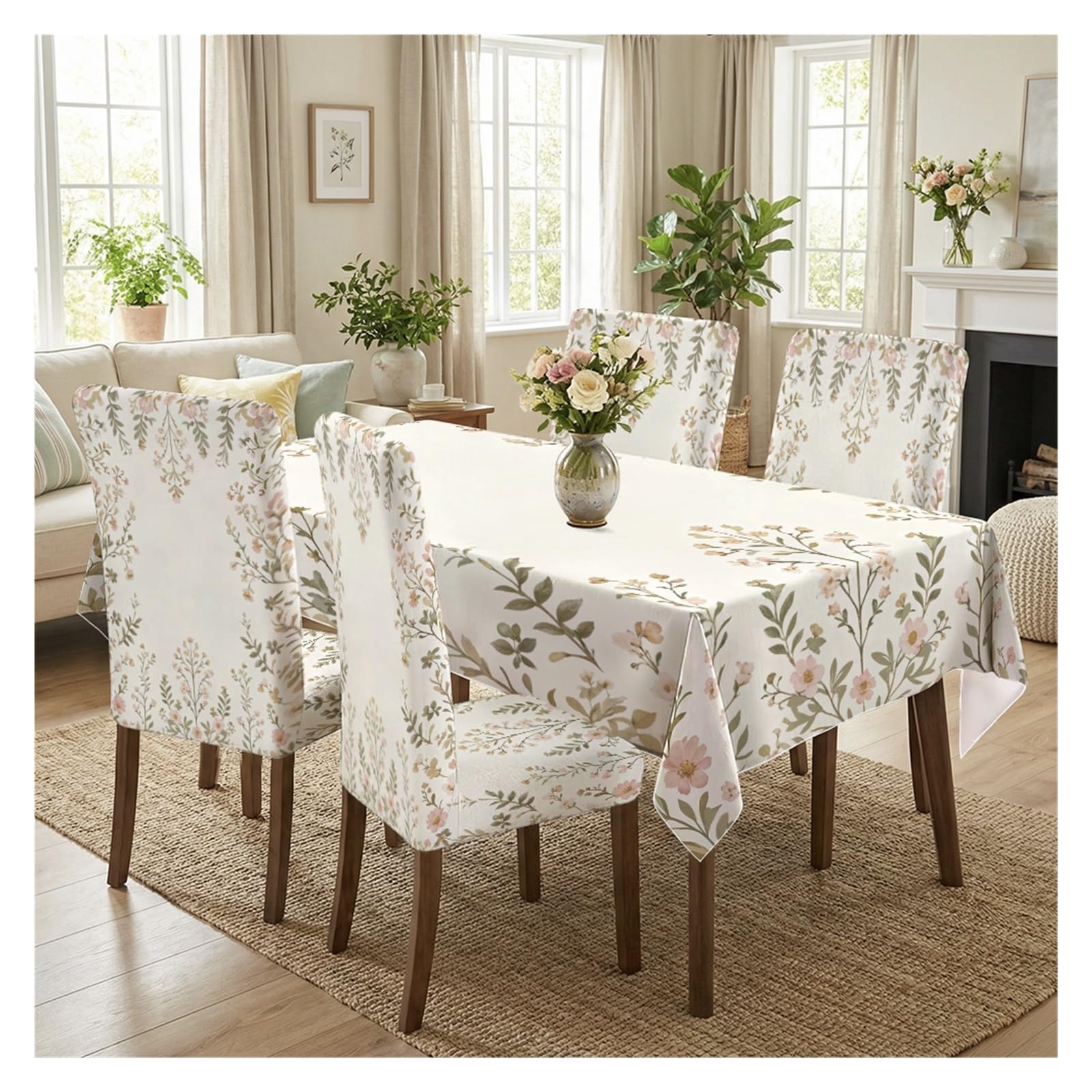 BOSUYBN Vintage Botanical Floral Printed Dining Tablecloth & Chair Covers Set, 5/7 Piece Fresh Cottagecore Farmhouse Home Decor Table Setting(5pcs Set: Tablecloth+Chair Covers)