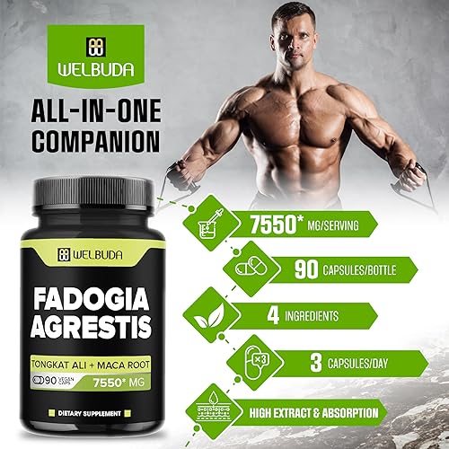 Miniatura 6 de WELBUDA 4 en 1 Fadogia Agrestis Suplemento 7550mg  90 cápsulas  Extra fuerte con Tongkat Ali, raíz de maca y pimienta negra  Apoyo para la