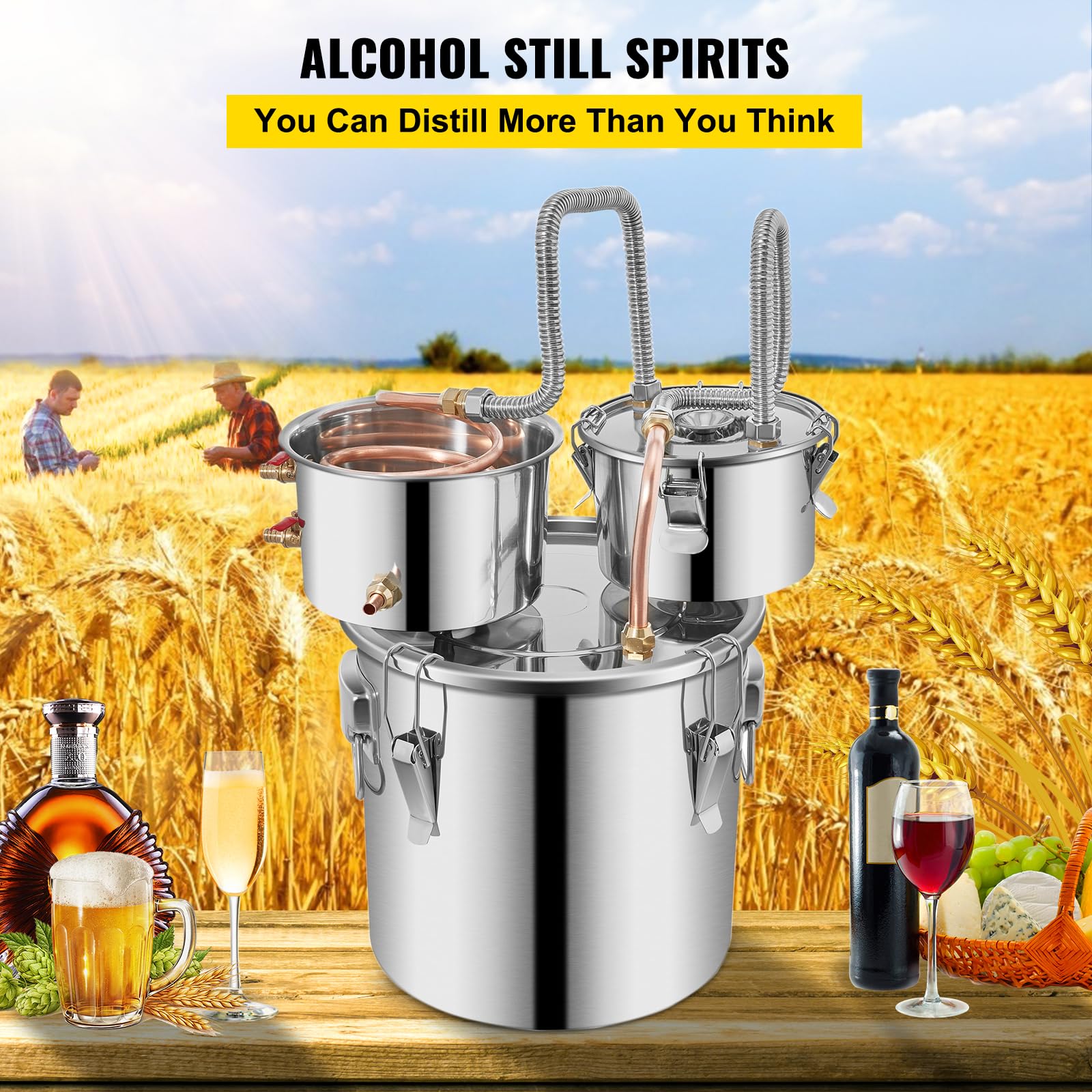 Happybuy 5 Gallon Stainless Steel Alcohol Still with Copper Tube, Built-in Thermometer & Water Pump, Double Thumper Keg Home Brewing Kit for DIY Whiskey, Wine, Brandy