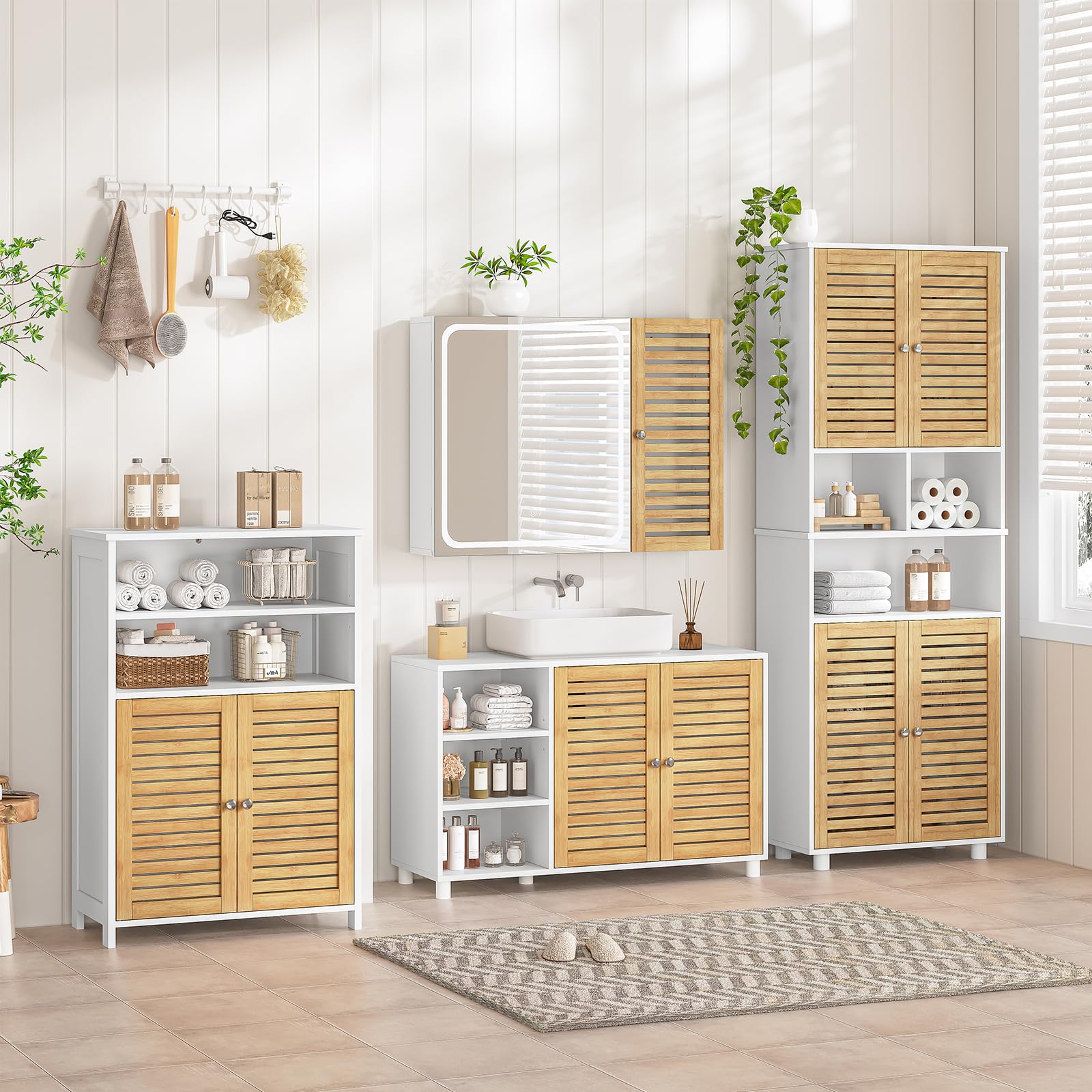 Badezimmerschrank hoch, Badezimmer Hochschrank mit 3 offenen Fächern und verstellbaren Ablagen, Badschrank mit 4 Bambustüren, Bad hochschrank für Wohnzimmer, Küche und Bad, 60 x 30 x 170 cm
