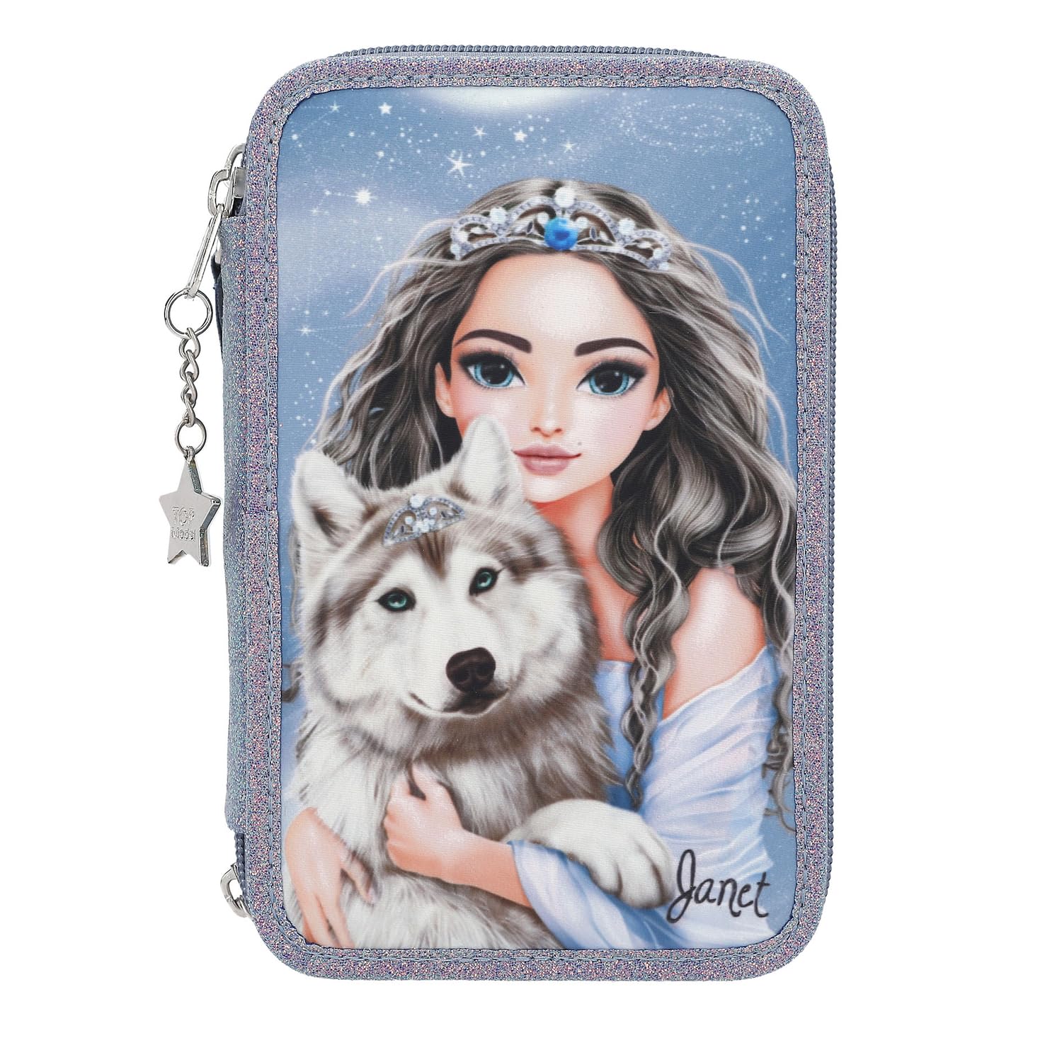 Depesche 13149 TOPModel Wolf - Trousse à Crayons remplie à 3 Compartiments en Bleu foncé, avec Motif de modèle, étoiles et Paillettes, Trousse à Crayons avec Crayons de Couleur et Bien Plus Encore