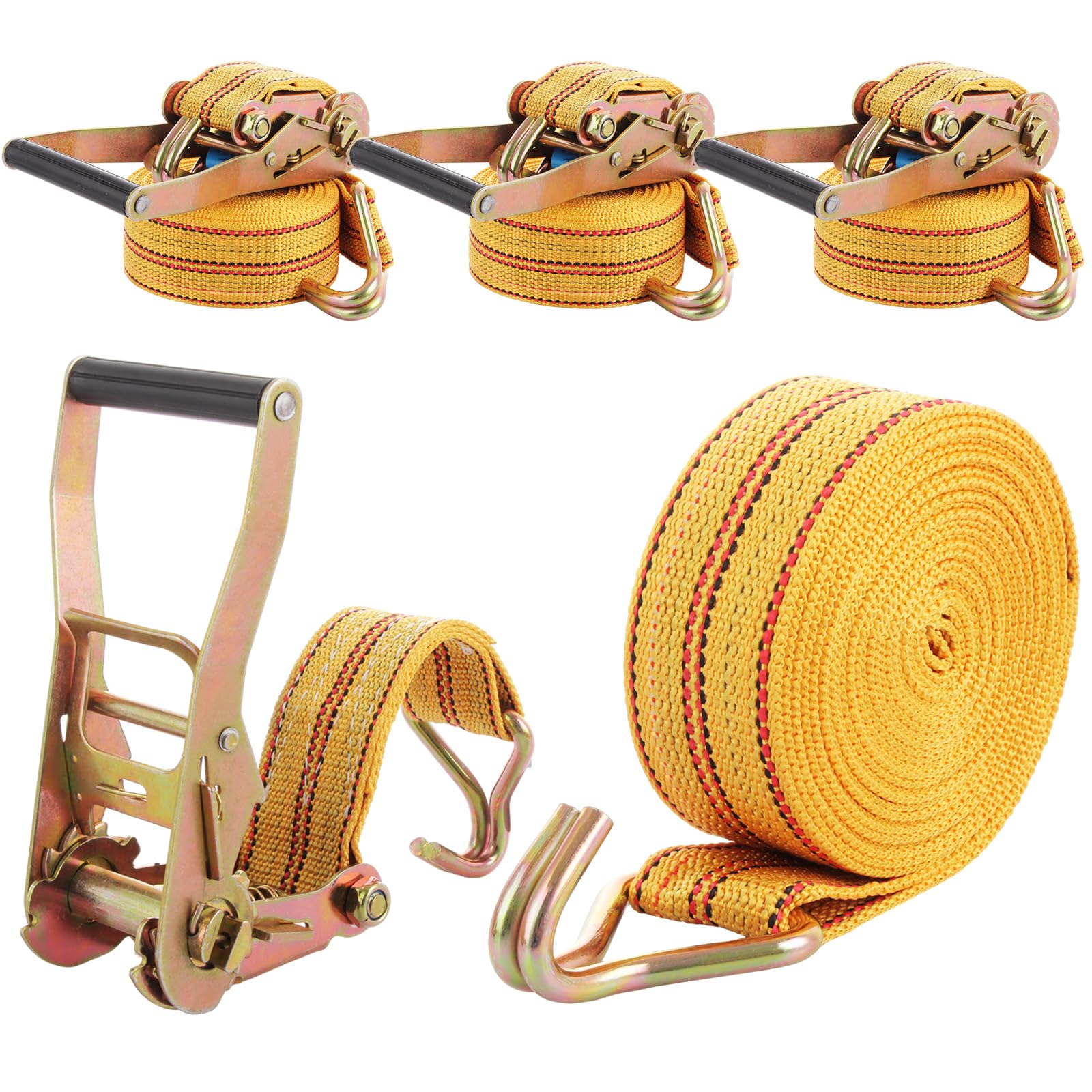 FWEEK 4 Sets Ratchet Tie Down Straps 5cm x 6m, 11000lb Break Strength, Heavy Duty Lashing Strap, Securing Straps with Handle and Metal J Hook for Trucks, Cars, Motorcycles Yellow