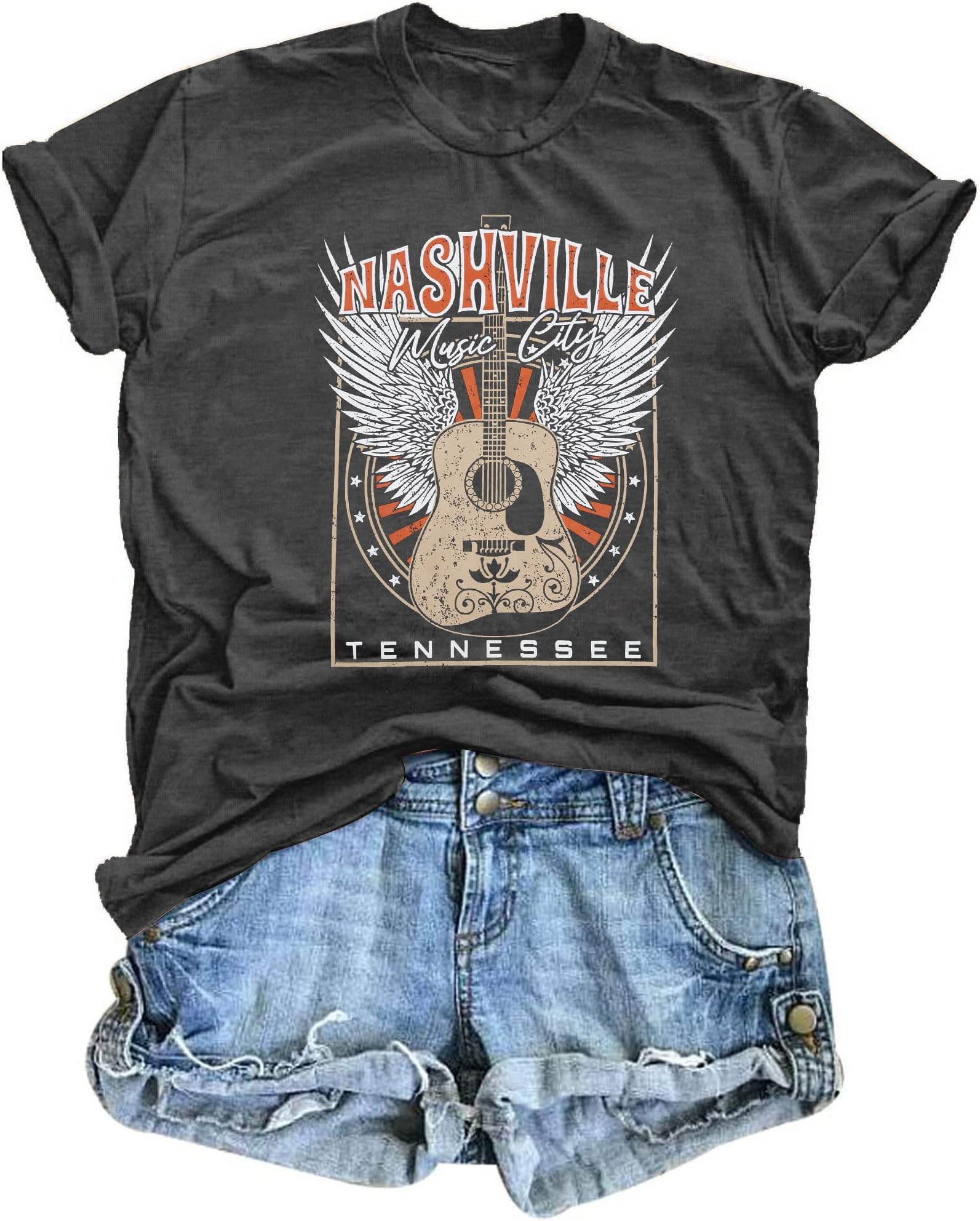 DUTUTNashville Music City Shirt for Women Country Concert T-Shirt Rock Band Shirts Vintage Guitar Wings Graphic Tees