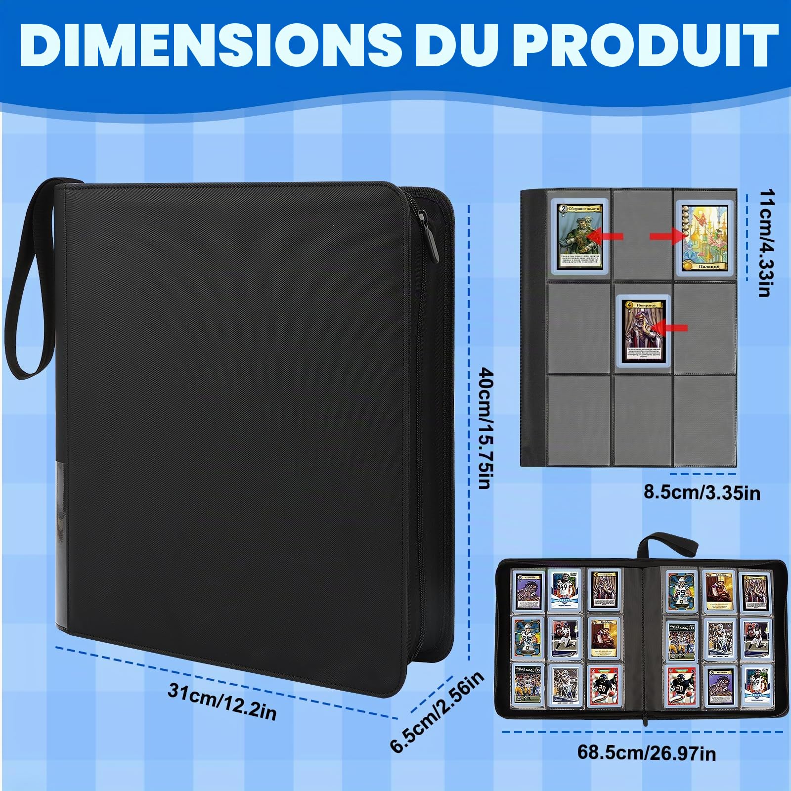 AOBOPLE Album de Cartes à Collectionner pour Top loader, 9 Pochettes 288 Cartes Classeur Carte 16 Pages Album de Cartes avec Fermeture Zippée, Porte Cartes pour top loaders Cartes 8,5 x 11 cm