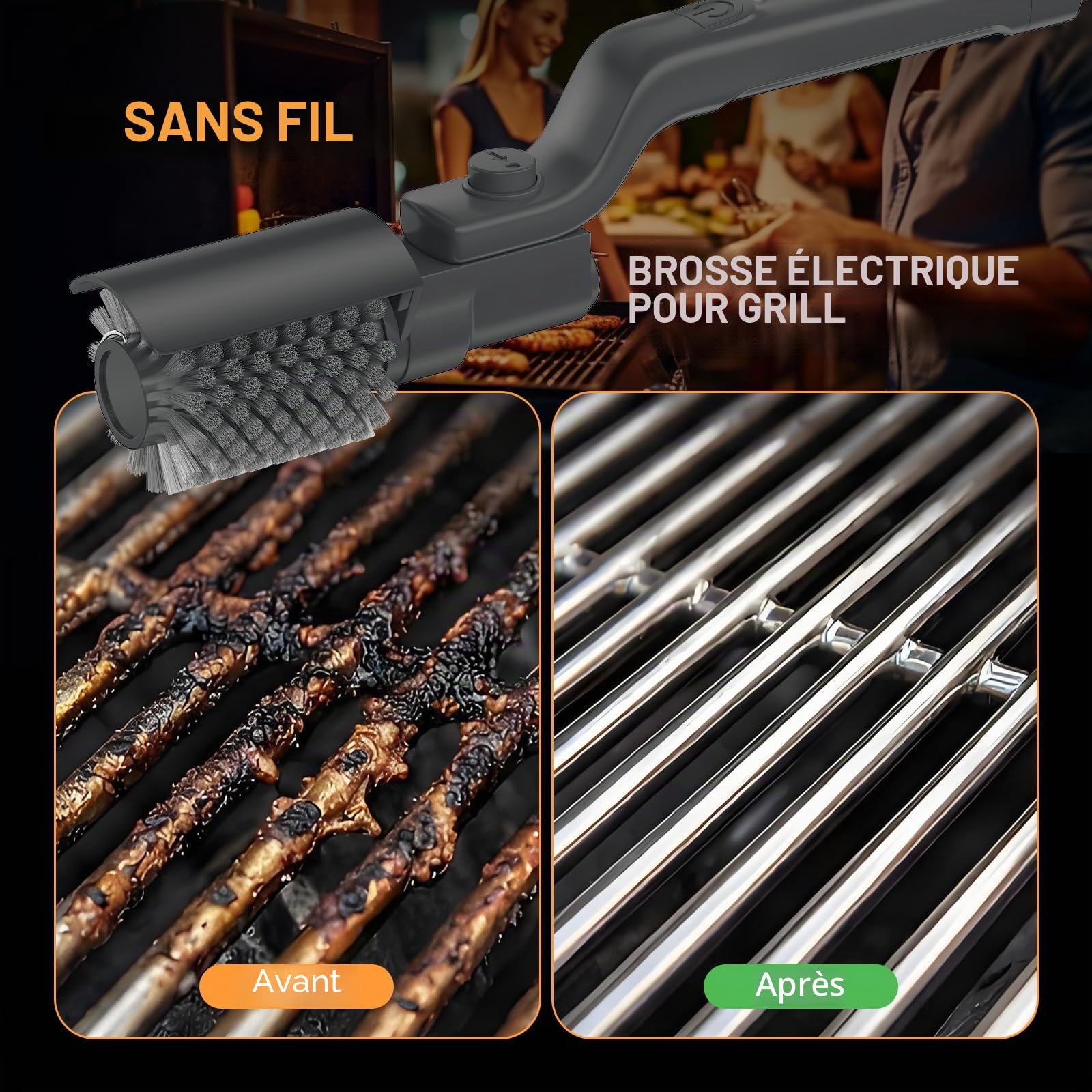 Brosse à barbecue électrique, nettoyeur BBQ sans fil avec tête réglable à 180°, nettoyage en 3 étapes, brosse à mailles 2-EN-1 pour barbecue avec batterie, IPX7 étanche, tête de brosse en acier