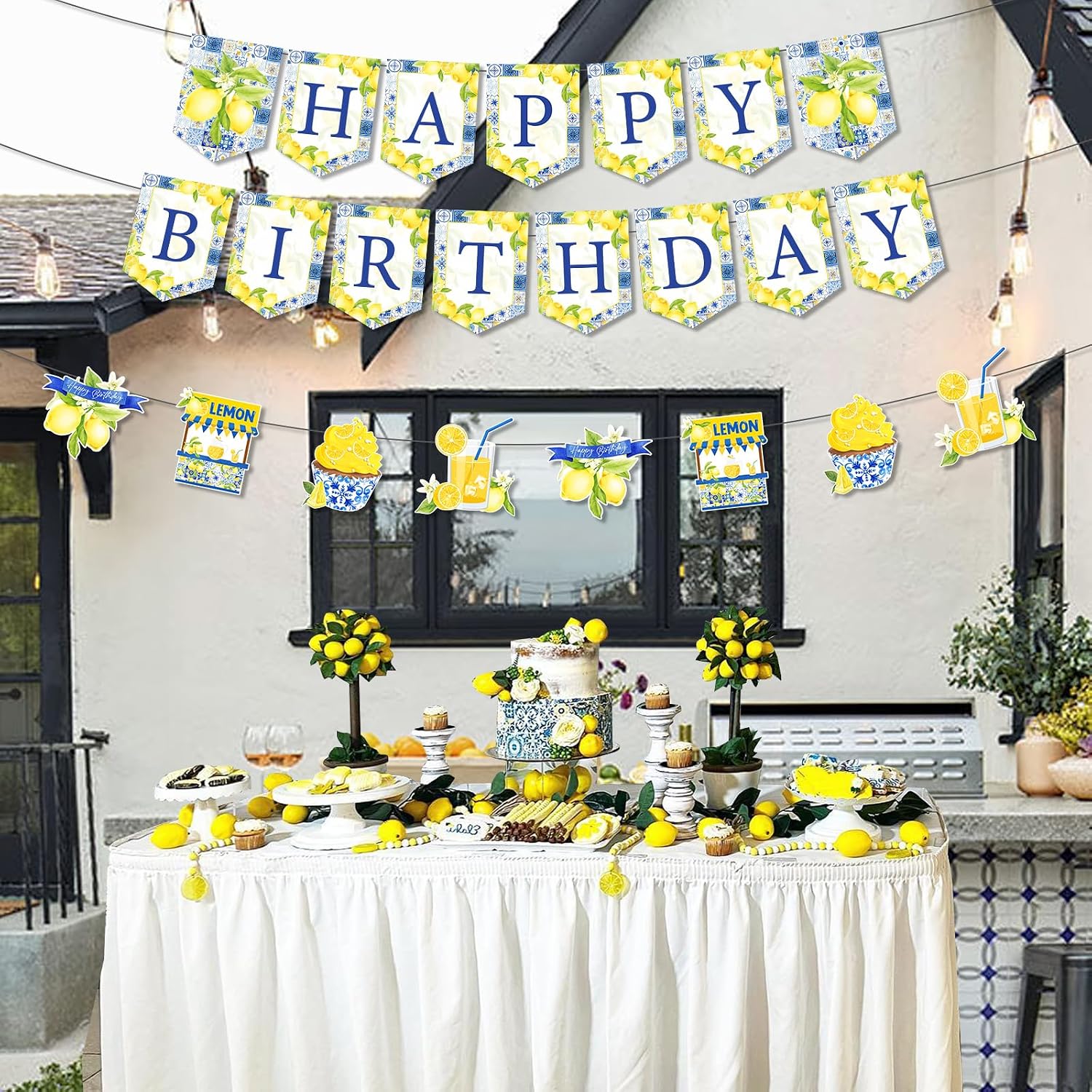 Lemon Happy Birthday Banner with Lemon Garland, Blue Tiles and Lemon Birthday Party Decorations, Capri Lemon Theme Party Supplies