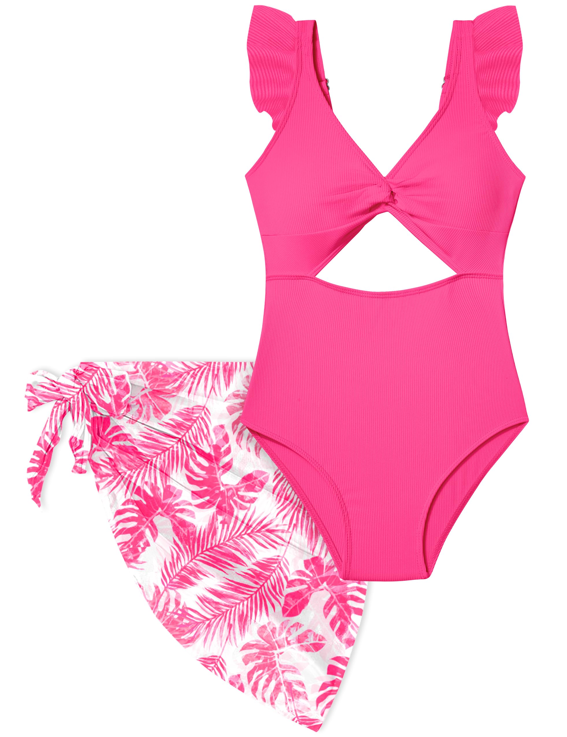 ADIRUN Girls One Piece Swimsuit Cut Out Ruffle Bathing Suit Twist V Neck Swimwear Solid Color with Cover Up Skirt 7-18T