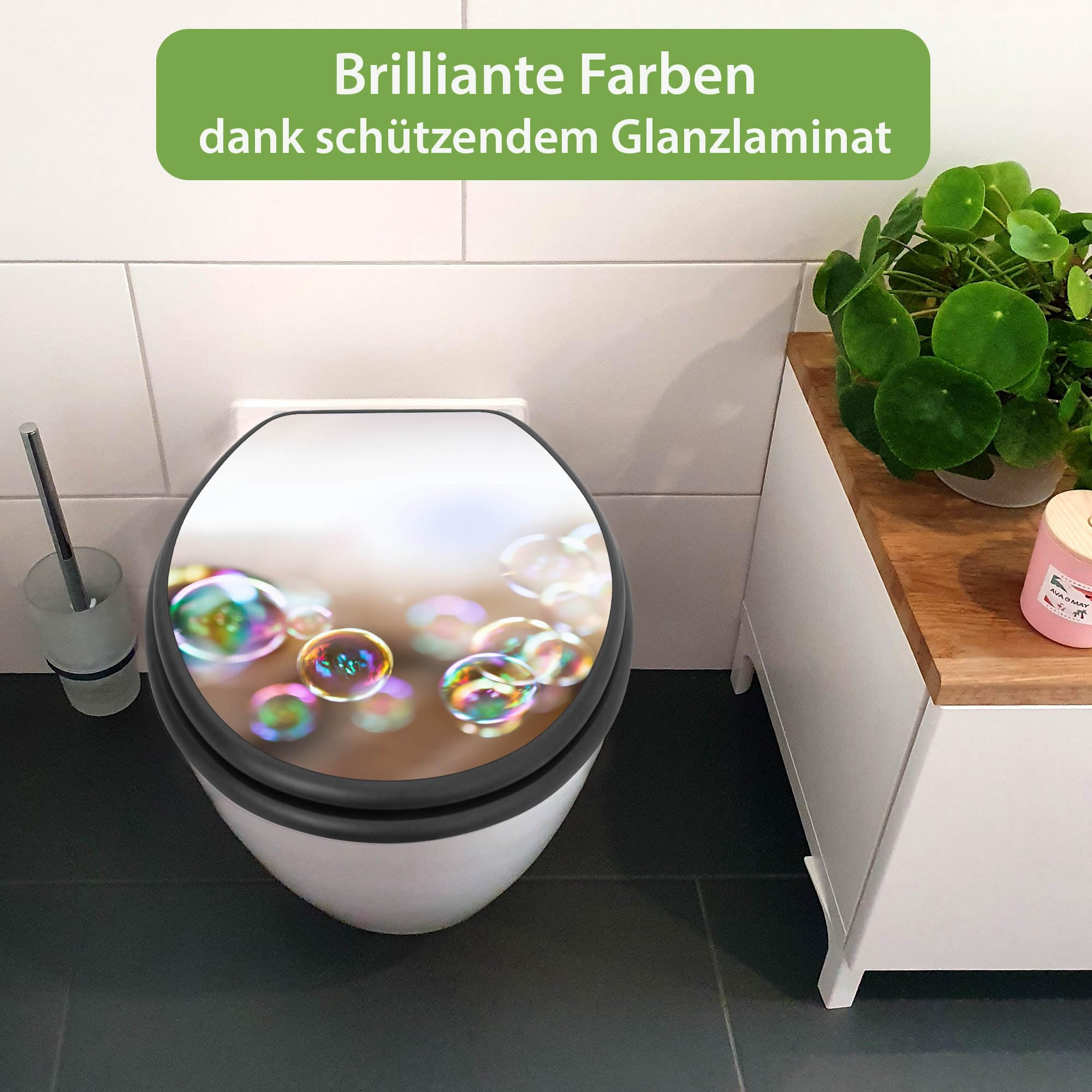 banjado WC Sitz für Kinder - Absenkautomatik leise - 38 x 46,5cm O-Form - MDF Holz Toilettendeckel anthrazit - Klositz grau pflegeleicht für Badkomfort - Motiv Seifenblasen