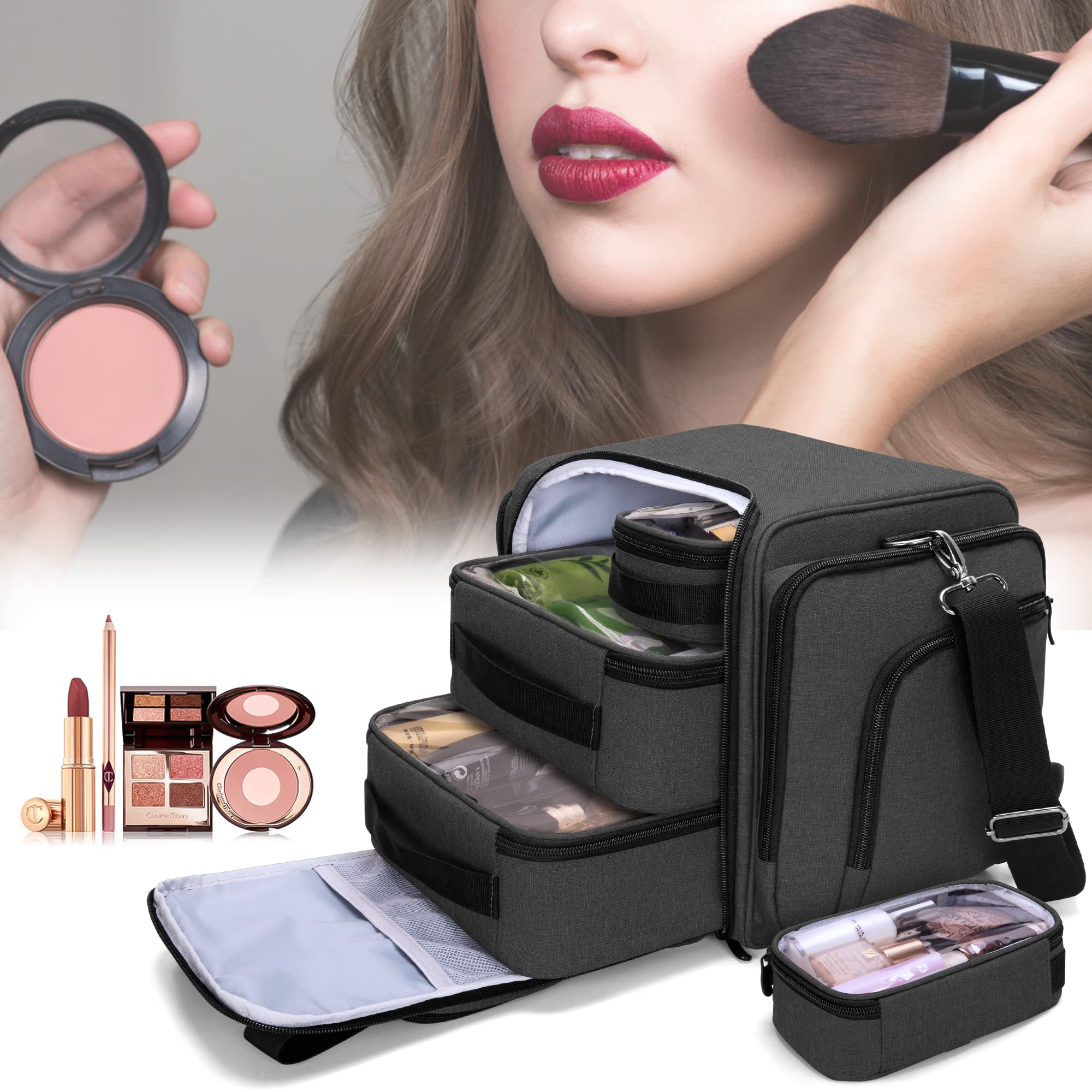 BAFASO Bolsa de Maquillaje de Viaje, Bolsa de Cosméticos 4 Estuches, Negro | Neceser Maquillaje con 4 Estuches Extraíbles, (Solo Bolsa)