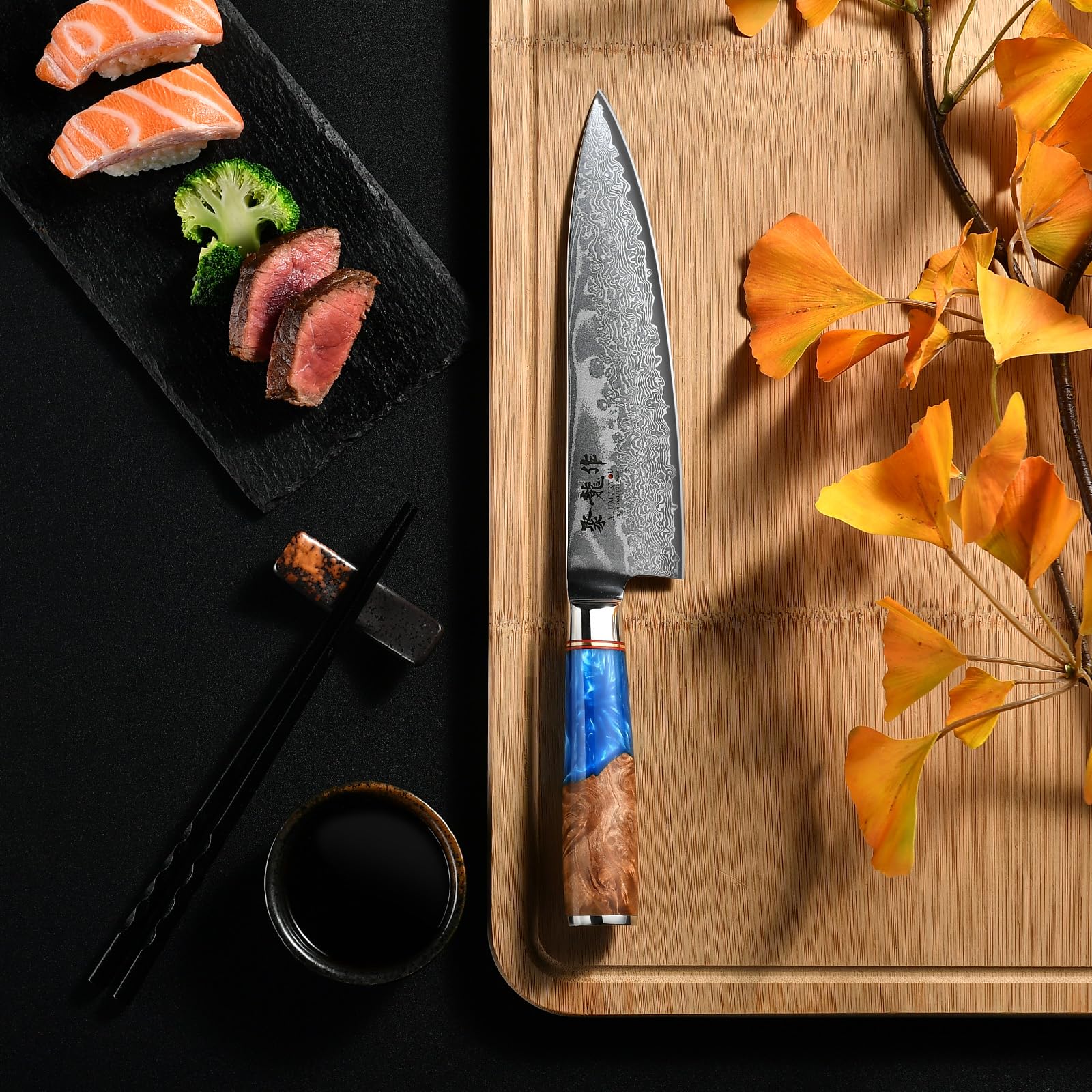 Close-up of the Atumuryou JPCK 8-inch chef knife showcasing its layered Damascus steel blade and ergonomic handle.