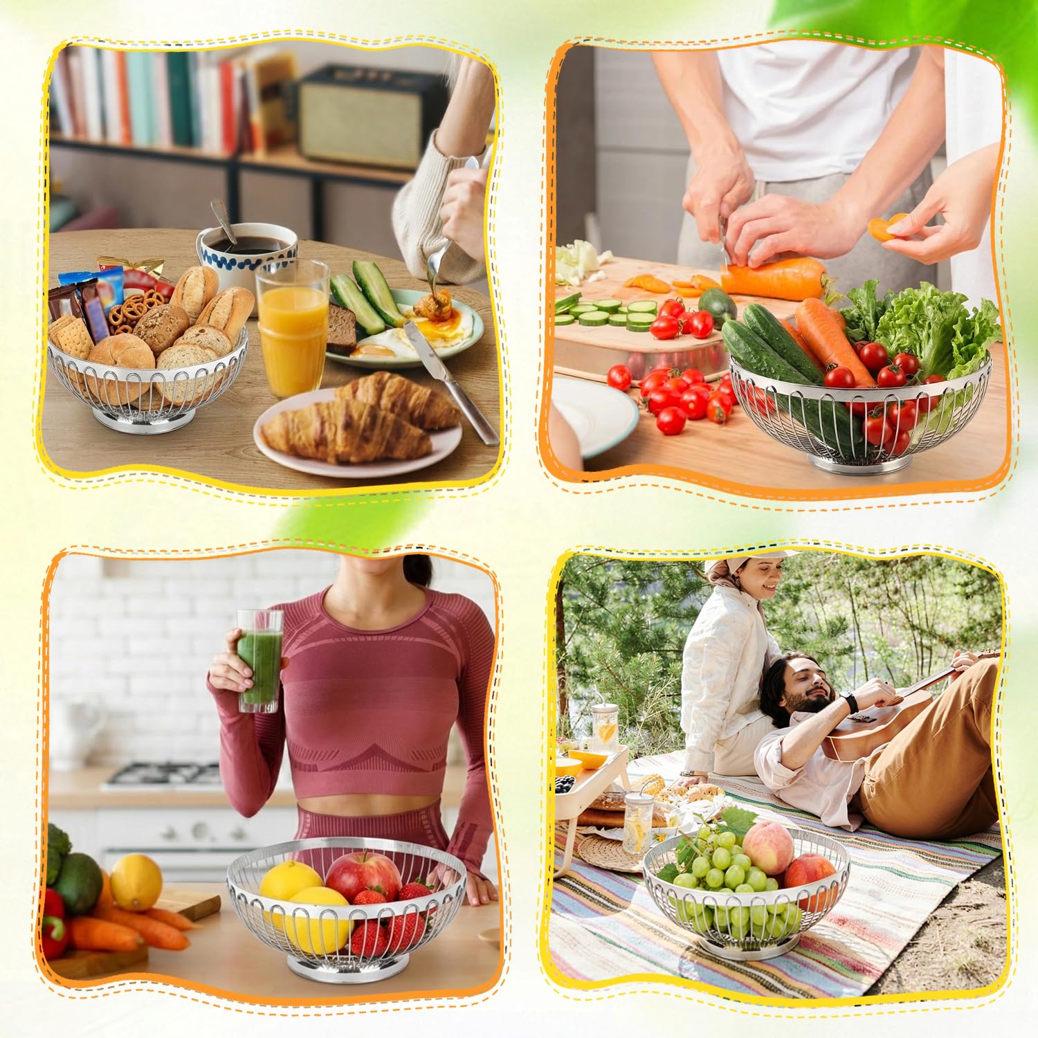 Tissting Ciotola per Frutta Acciaio Inossidabile Filo D'argento Cesto per Frutta Centrotavola per Tavolo Drenante Cavo Portaoggetti Decorativo per Frutta per Verdure Pane Frutta(26x11x11cm)
