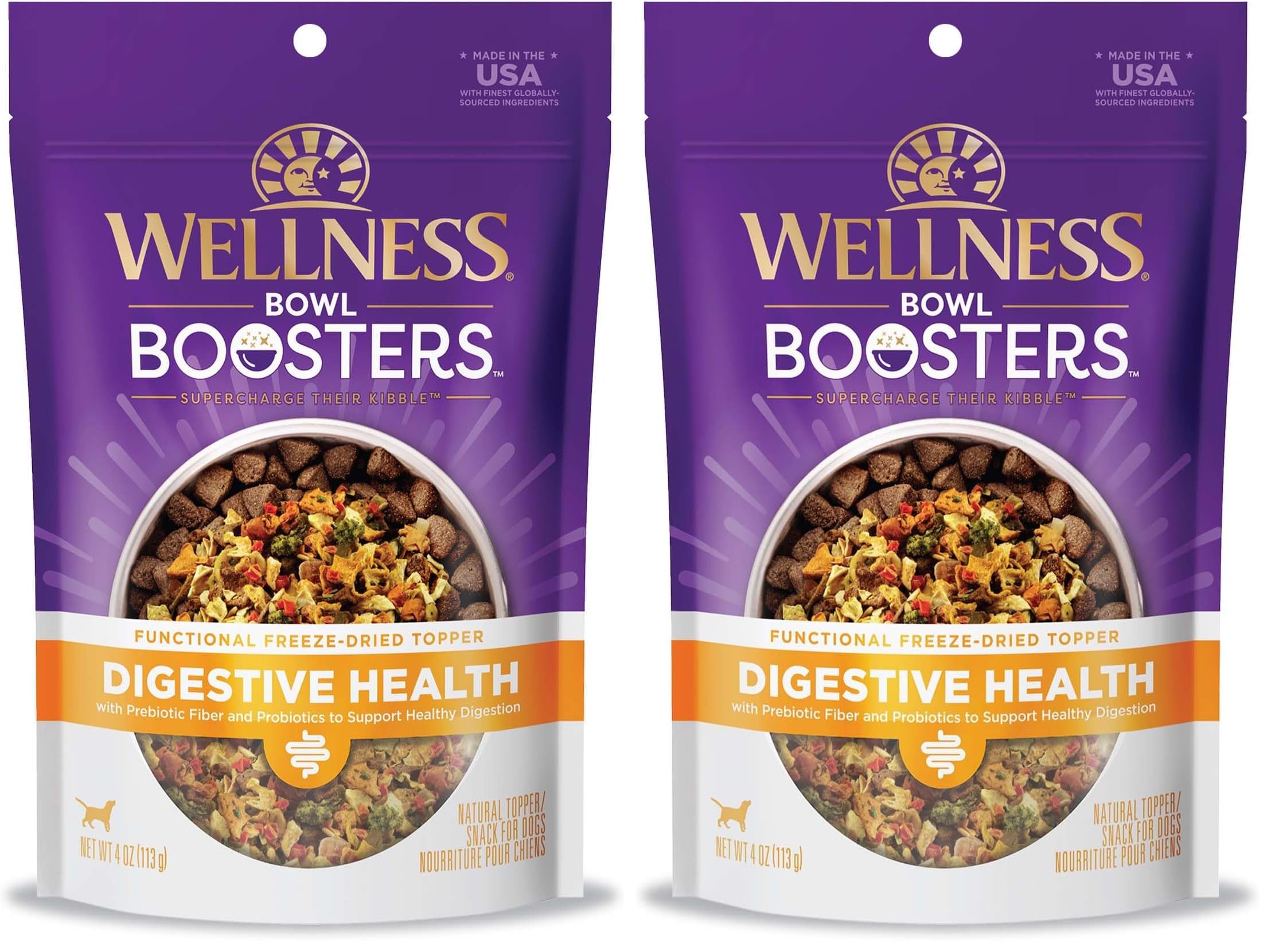 Wellness Bowl Boosters, Dog Food Topper for Small, Medium, &amp; Large Breeds, Grain Free, Natural, Freeze Dried, Digestive Health Chicken, 4 Ounce Bag (Pack of 2)
