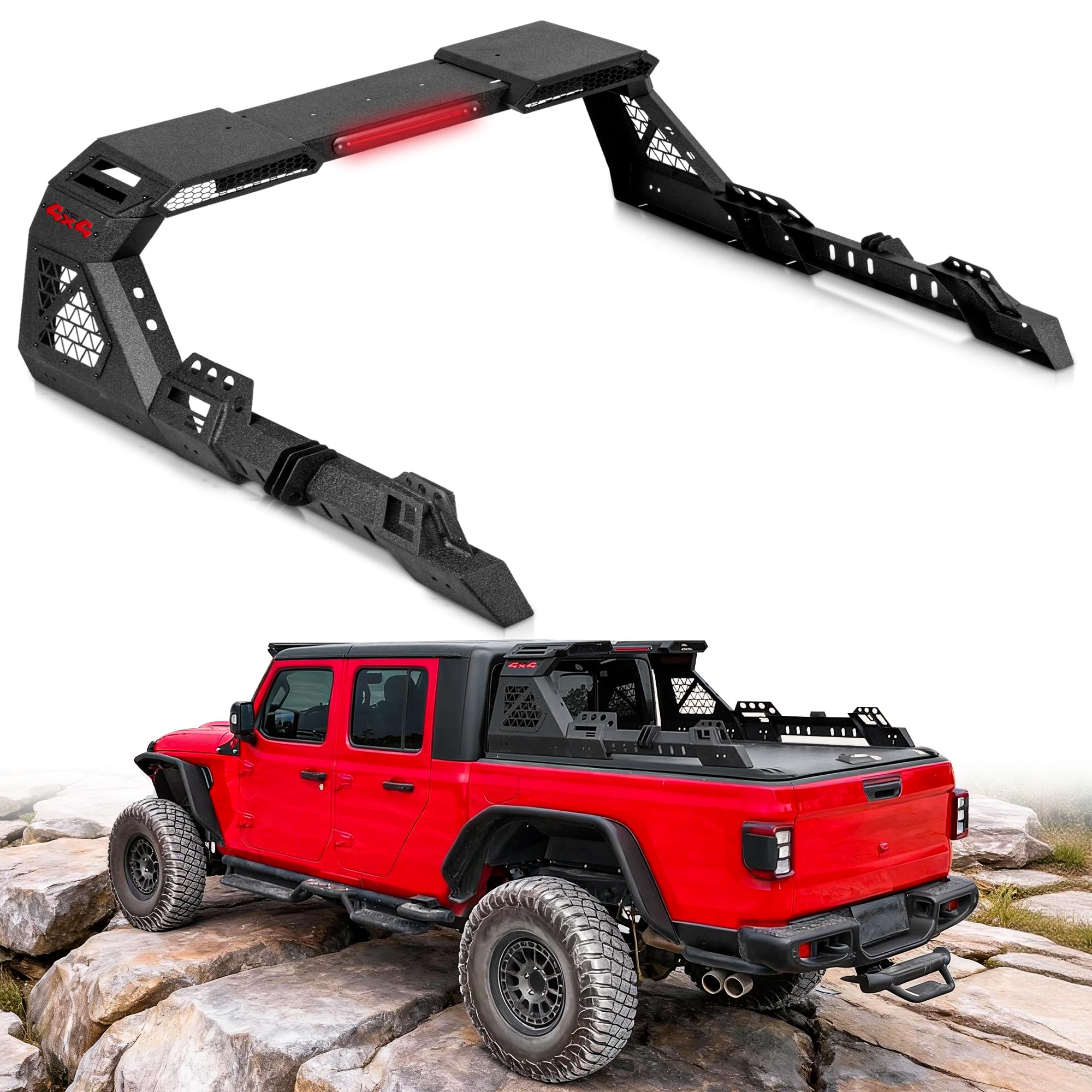 MONOKING Heavy Duty Adjustable Roll Bar with 3rd Brake Light, DIY Color Chase Rack Compatible with Tonneau Cover for 2004-2026 F150 Silverado Sierra 1500 Tundra Gladiator Tacoma, Rugged Carbon Steel