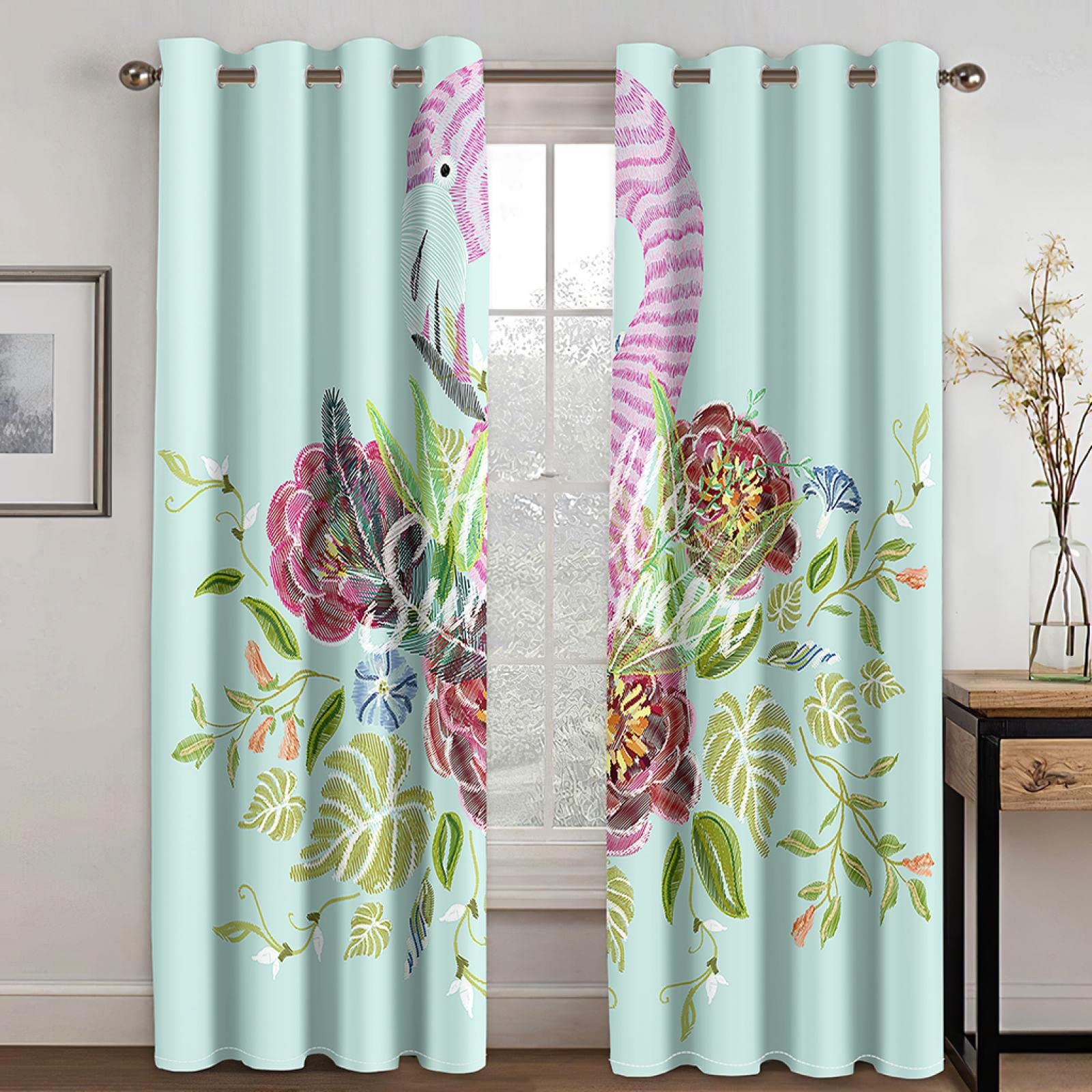 Rideaux occultants pour Enfants, Motif Licorne Bleue, Fleurs abstraites, 140 x 165 cm, à œillets, Isolation Thermique, imprimés, pour Chambre d'enfant, Lot de 2 Panneaux