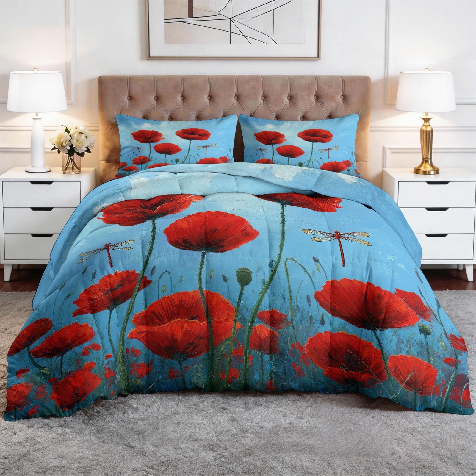 Set Trapunta 3 Pezzi 150x200 cm Fiori Rossi Libellula Piumone Letto 4 Stagioni, Trapuntino Anallergico Soffice, Copriletto Trapuntato Moderno per Adulti Bambini