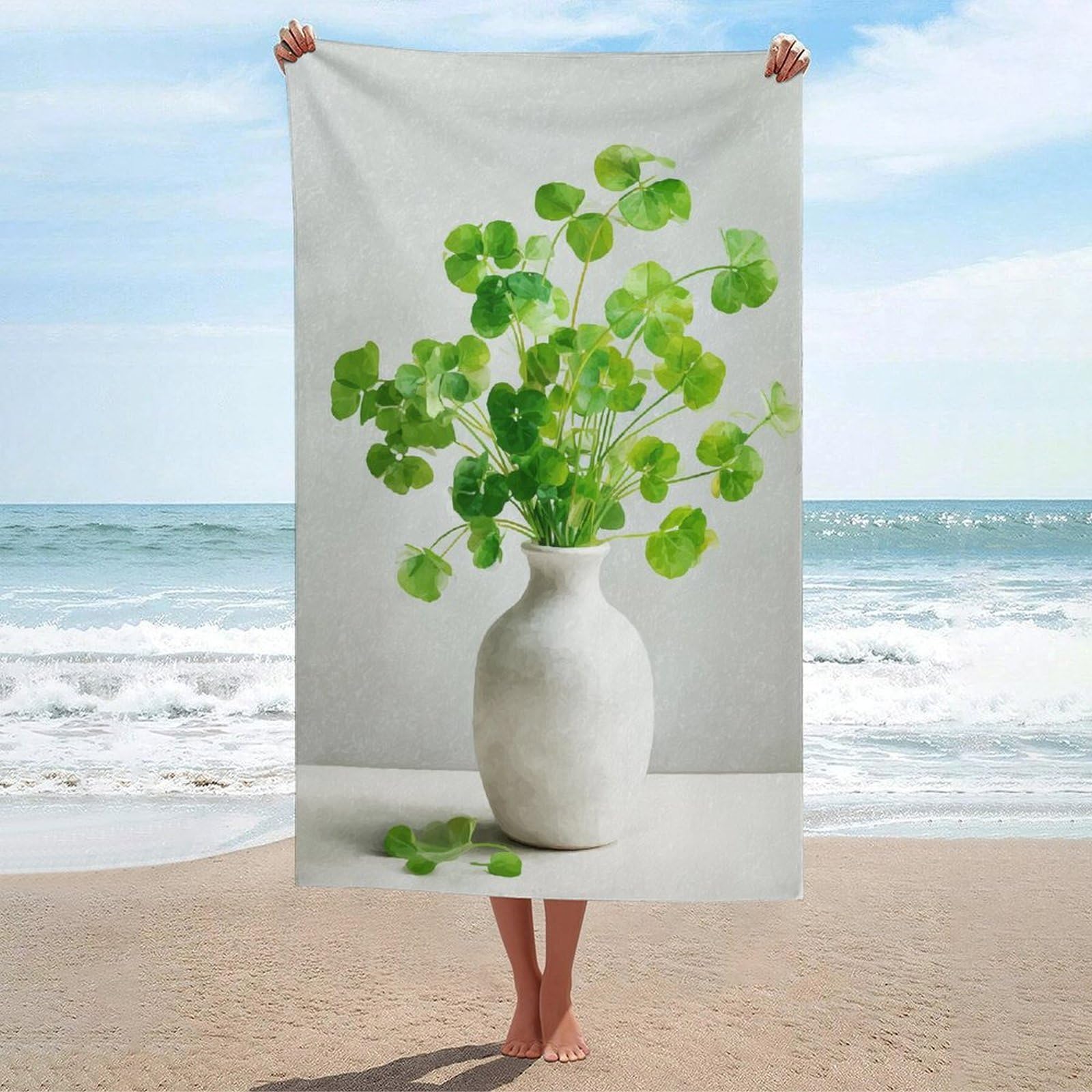 asbwuo Vase of Green Clover Leaves Beach Towel