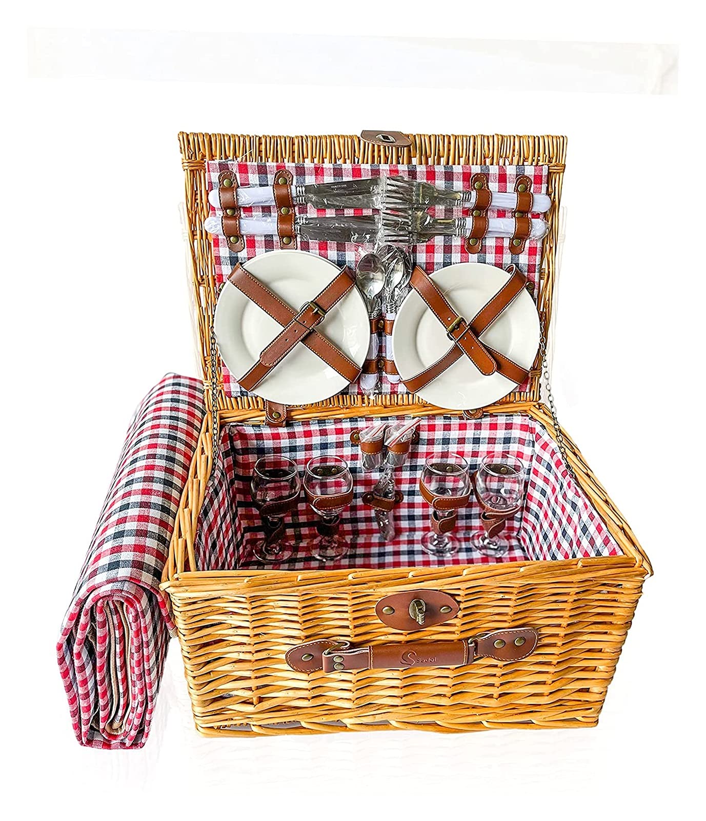 Panier pique-nique osier 4 personnes avec verres à vin et couverture étanche