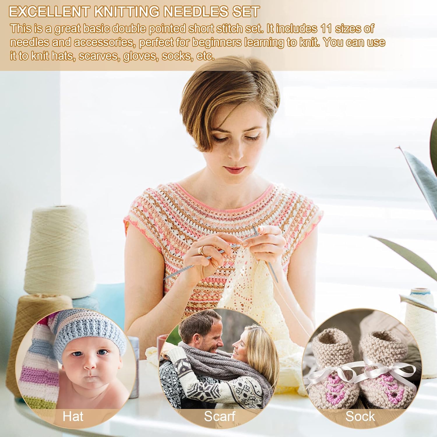 Aeelike 55pcs Double Pointed Knitting Needles - Short Knitting Needles Set Straight Knitting Needles Double Pointed for Beginners - 11 Sizes Stainless Steel Metal Knitting Needle Sets 2mm to 6.5mm