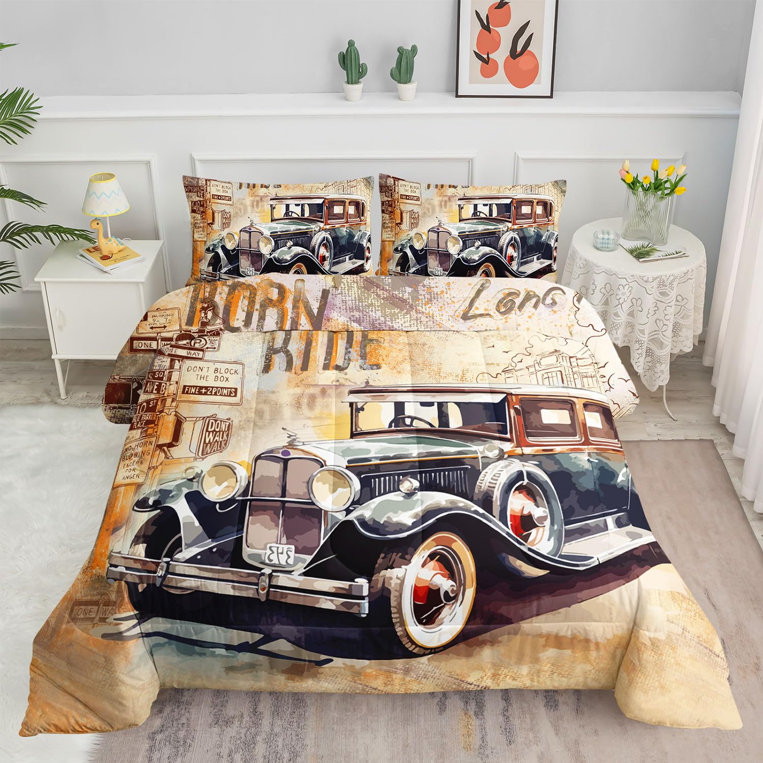 Vintage Car Comforter Set, Old Retro Classic Car Bedding Set with 1 Comforter and 2 Pillowcases for Teens Boys Bedroom All Season(Vintage Twin)