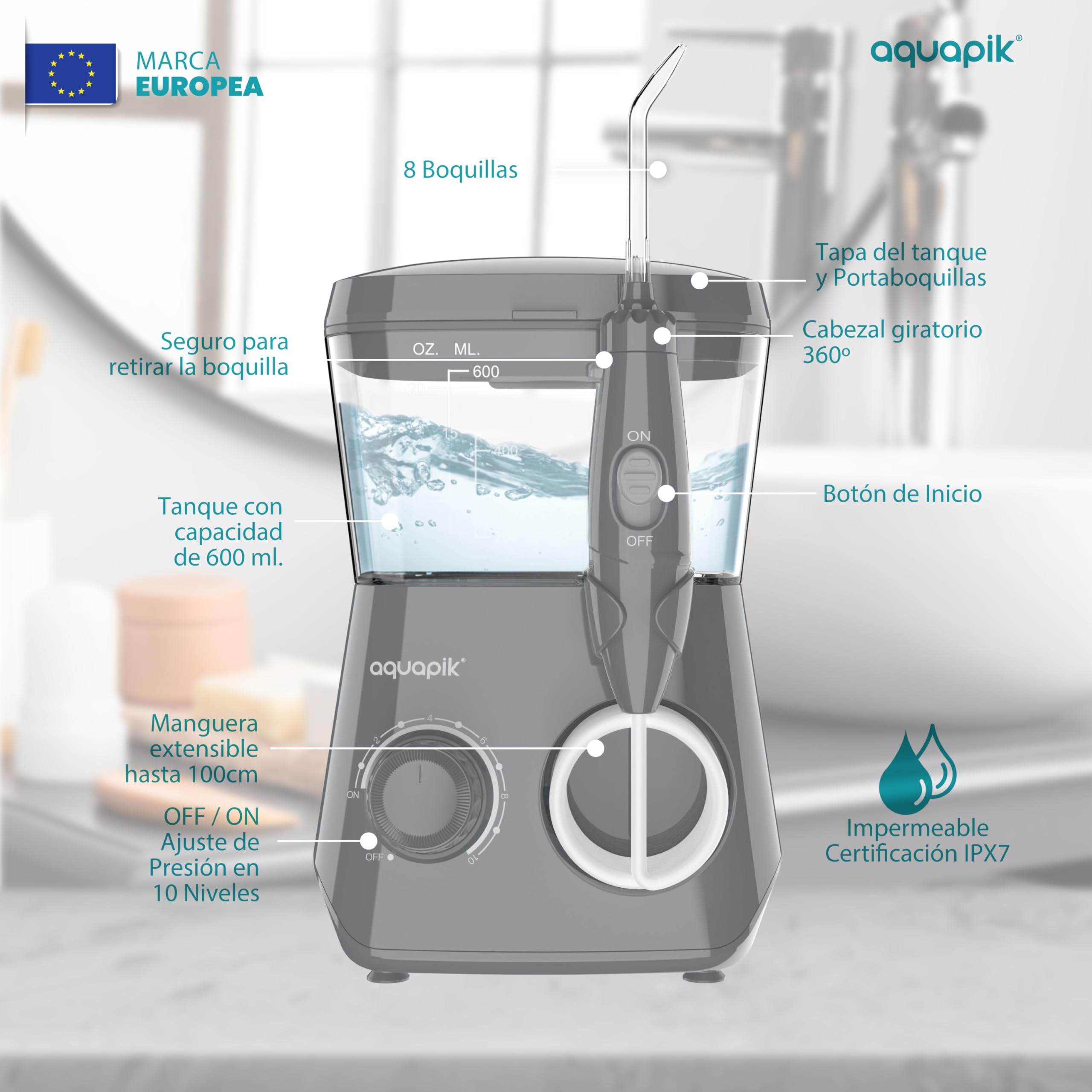 Aquapik® ADVANCED irygator do jamy ustnej, idealny do ortodoncji, implantów i wrażliwych dziąseł, zestaw wybielający + 8 ust, 10 poziomów ciśnienia, zalecany przez dentystów (szary)