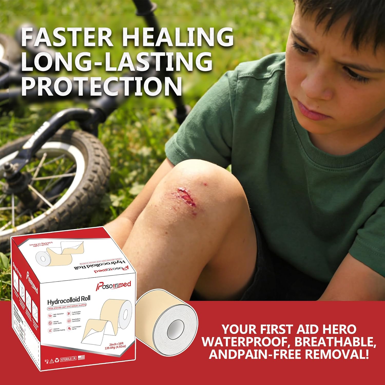 Hydrocolloid Bandages, Self-Adhesive Hydrocolloid Patch, Clean and Hygienically Sealed, Waterproof & Absorbent Dressing for Minor Burns, Blisters and Acne Care（2 in x 16 ft）