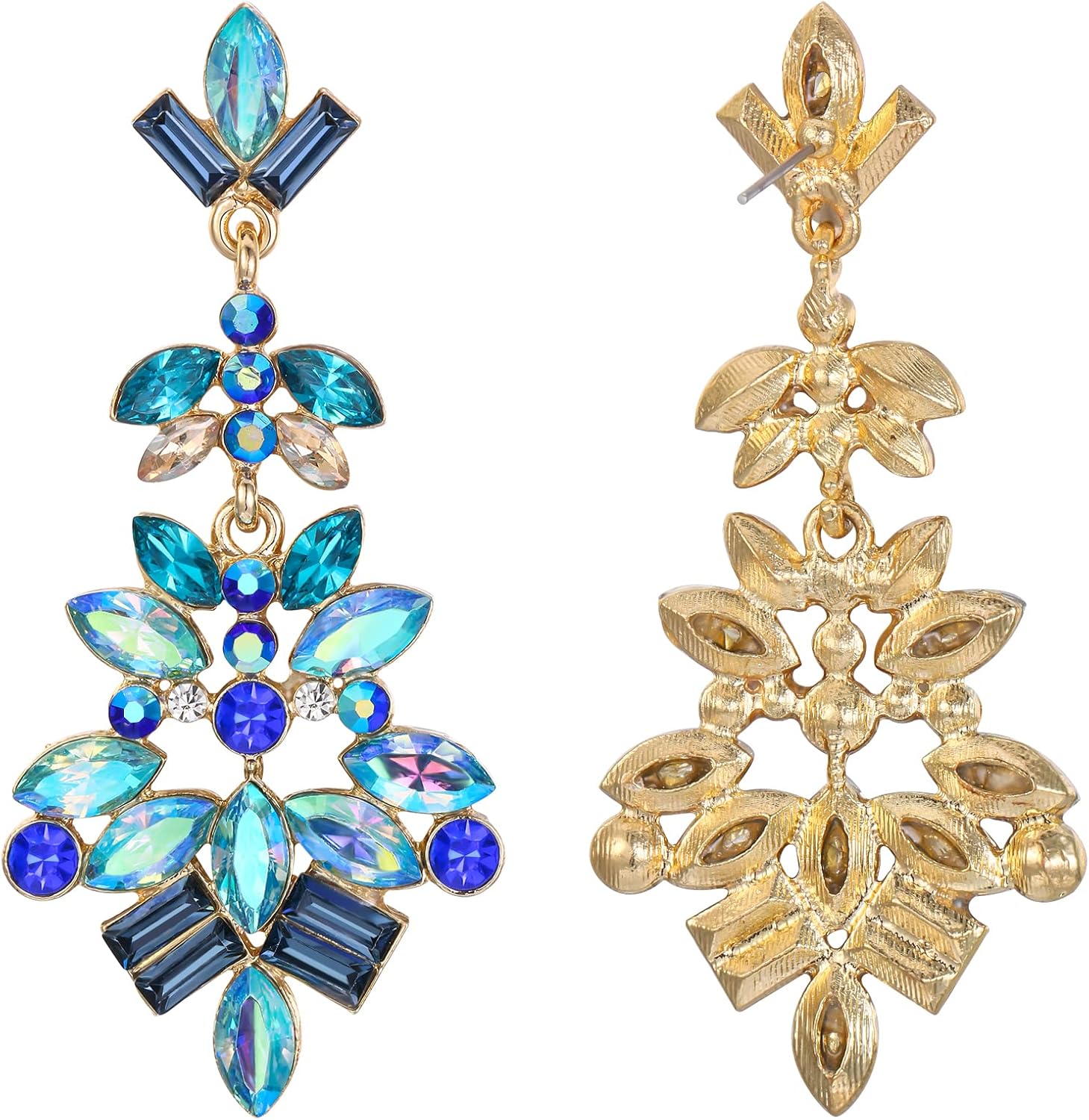 EleQueen Fashion Vintage Style Statement Drop Dangle Earrings Marquise Square Cluster Art Deco Crystal Earrings for Women Girls Blue Gold-Tone - Image 6