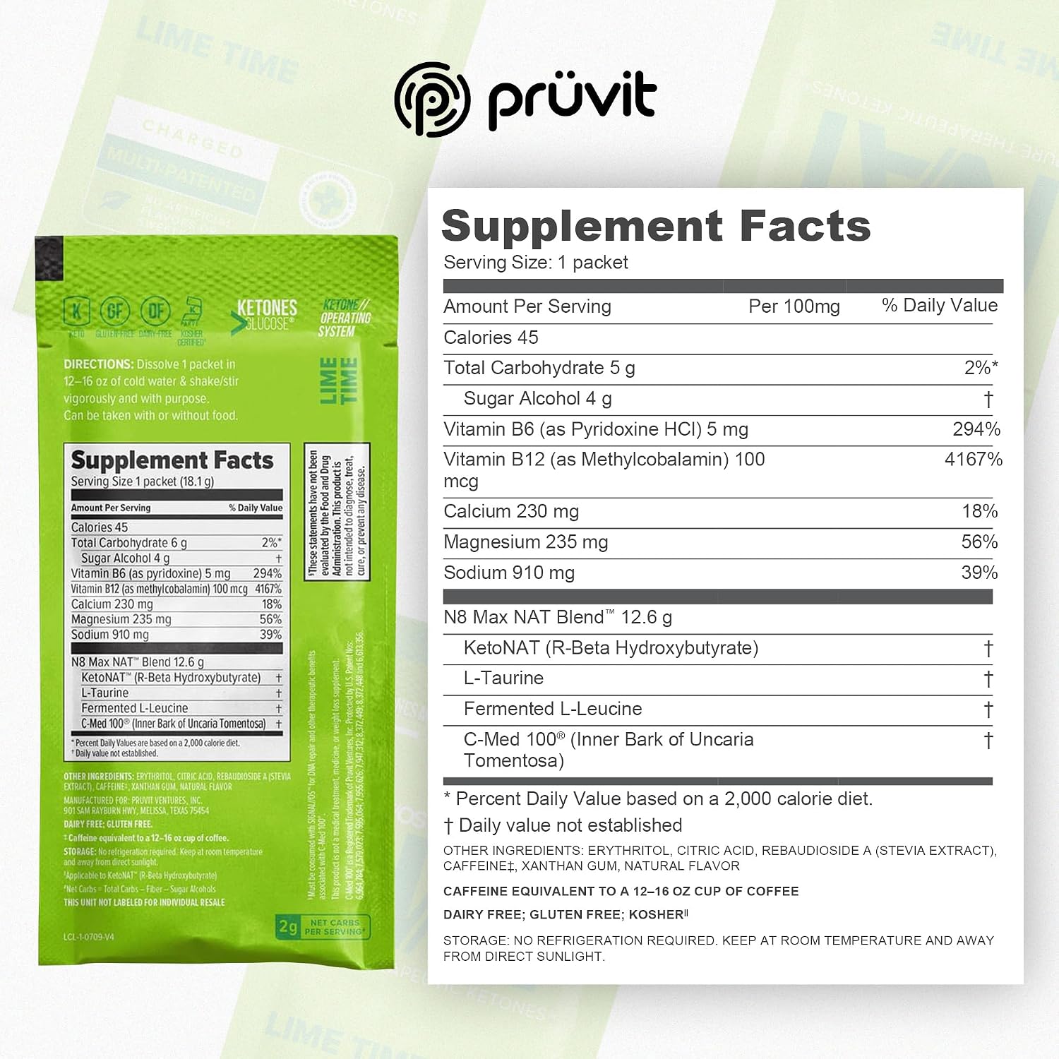 Pruvit - Keto//OS NAT - Lime Time - Charged Pure Therapeutic Ketones with C-Med 100, Multi-Patented Blend, No Artificial Flavors - 20 Sachets