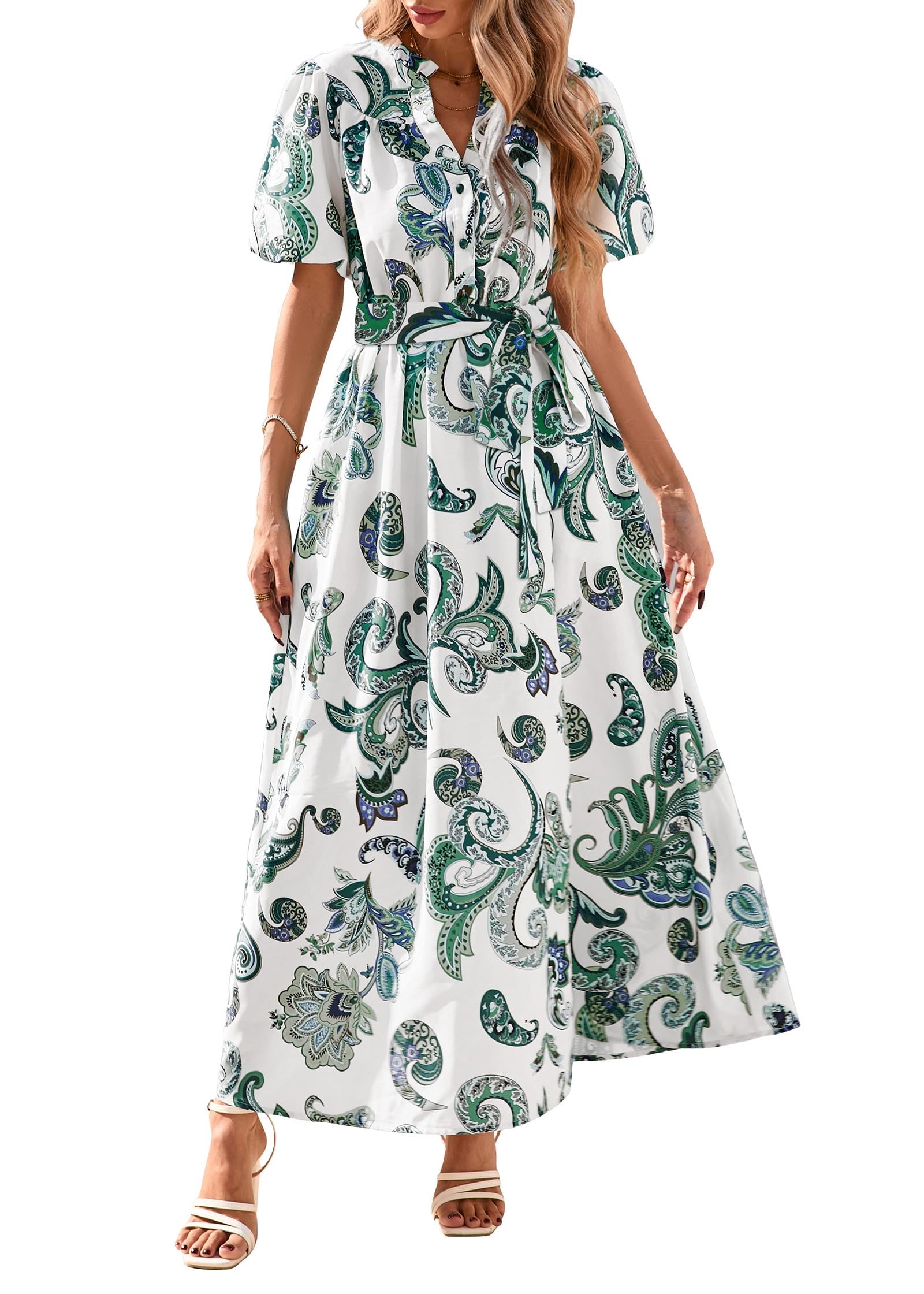 KIRUNDO Women Spring Summer Wedding Guest Boho Floral Maxi Dress Puff Sleeve Button Shirt V Neck Flowy Beach Vacation Dress