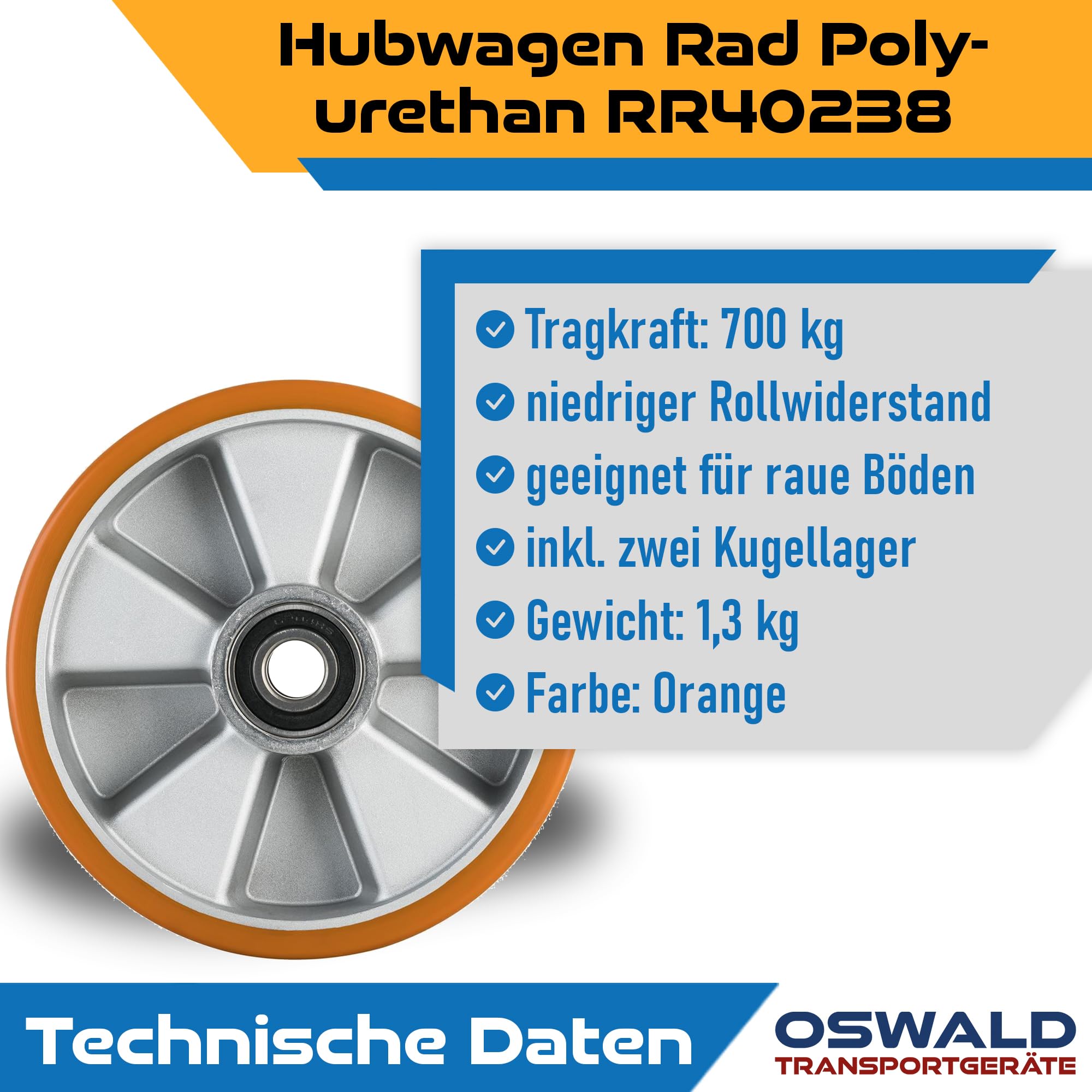 Hubwagen Rad Polyurethan 180 x 50/50 mm, Achse 20 mm - Ersatzrad inkl. Kugellager
