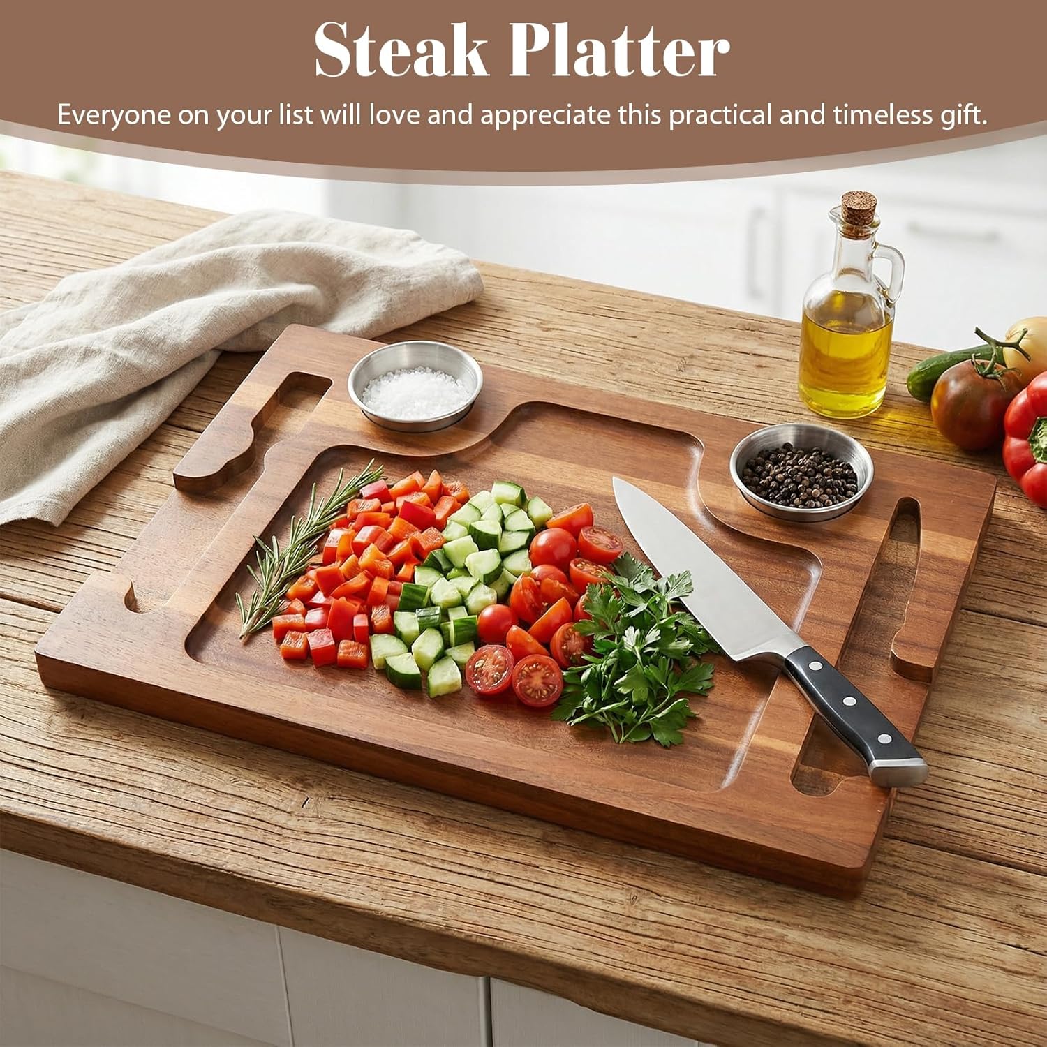 Acacia Wood Serving Plate with Grooves Steak Plate Cutting Board with 2 Sauce Cups for Meat Sausages Cheese
