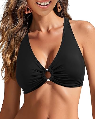 GRAPENT Bikini Top for Women Ruched O Ring Padded Adjustable Straps Bathing Suits Swim Tops Only Beach Vacation Clothes