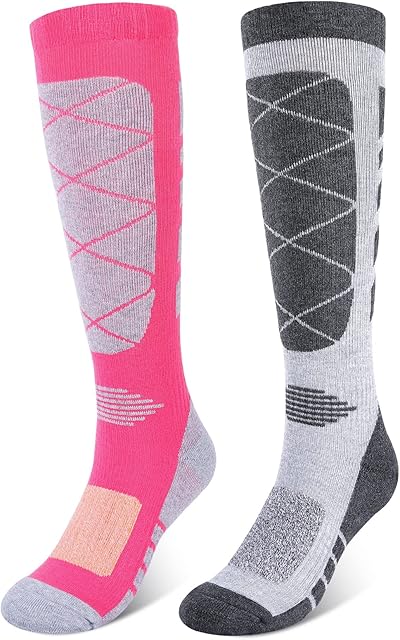 KUYOU 2 Pairs Thermal Ski Socks, Long Knee High Thick Warm Winter Cycling Sports Socks for Womens Ladies Men Adult Blister Cushioned Snowboarding Mountaineering Hiking Work Boot Cotton Socks