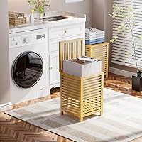 Vista 4 de SMIBUY Cesta de lavandería doble con tapa, cesta de lavandería de bambú de 120L con bolsa interior extraíble, clasificador de ropa de 2 secciones