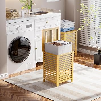 SMIBUY Double Laundry Hamper with Lid, 120L Bamboo Laundry Basket with Removable Liner Bag, 2-Section Clothes Divider Laundry Sorter for Laundry Room, Bathroom, Bedroom (Natural)