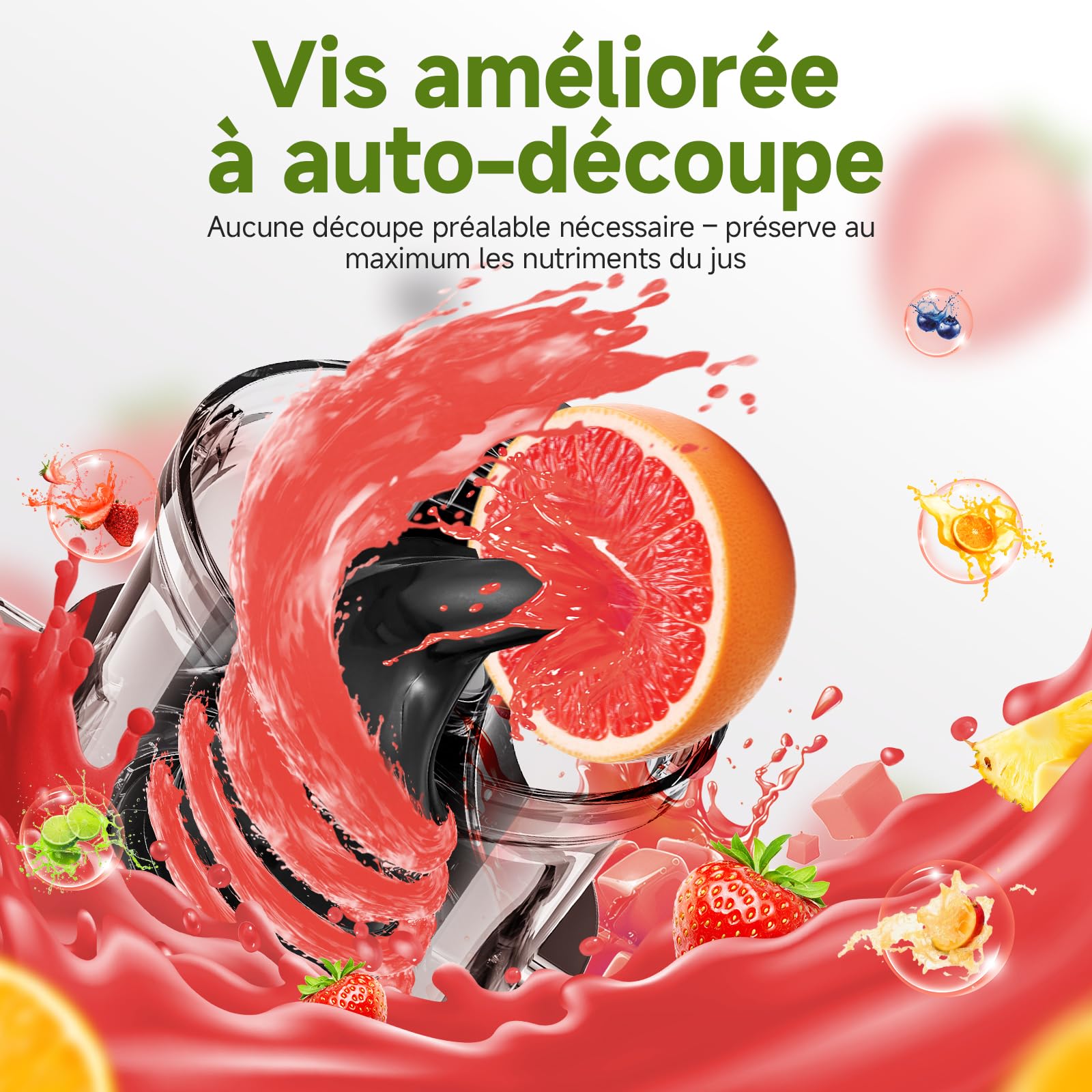 AMZCHEF Extracteur de Jus à Froid, Slow Juicer 118 mm, Fruits et Légumes Entiers, Fonction Inverse, Double Filtration, Argenté