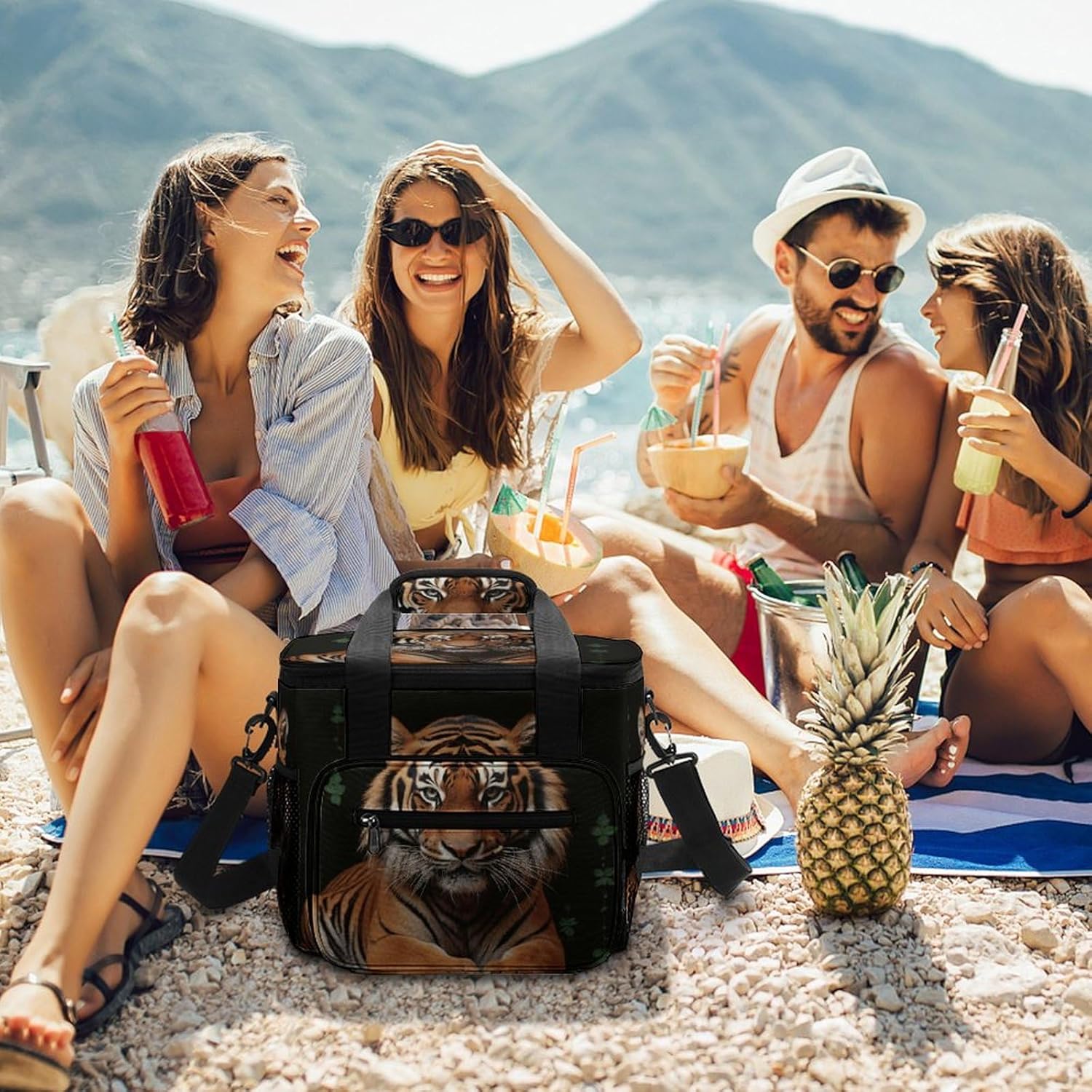 Camping Ice Pack, with Tiger and Paws Print Cooler Bag, 22.5L Large Capacity Insulated Lunch Tote Bag for Outdoor, Picnic, BBQ, Travel, Work