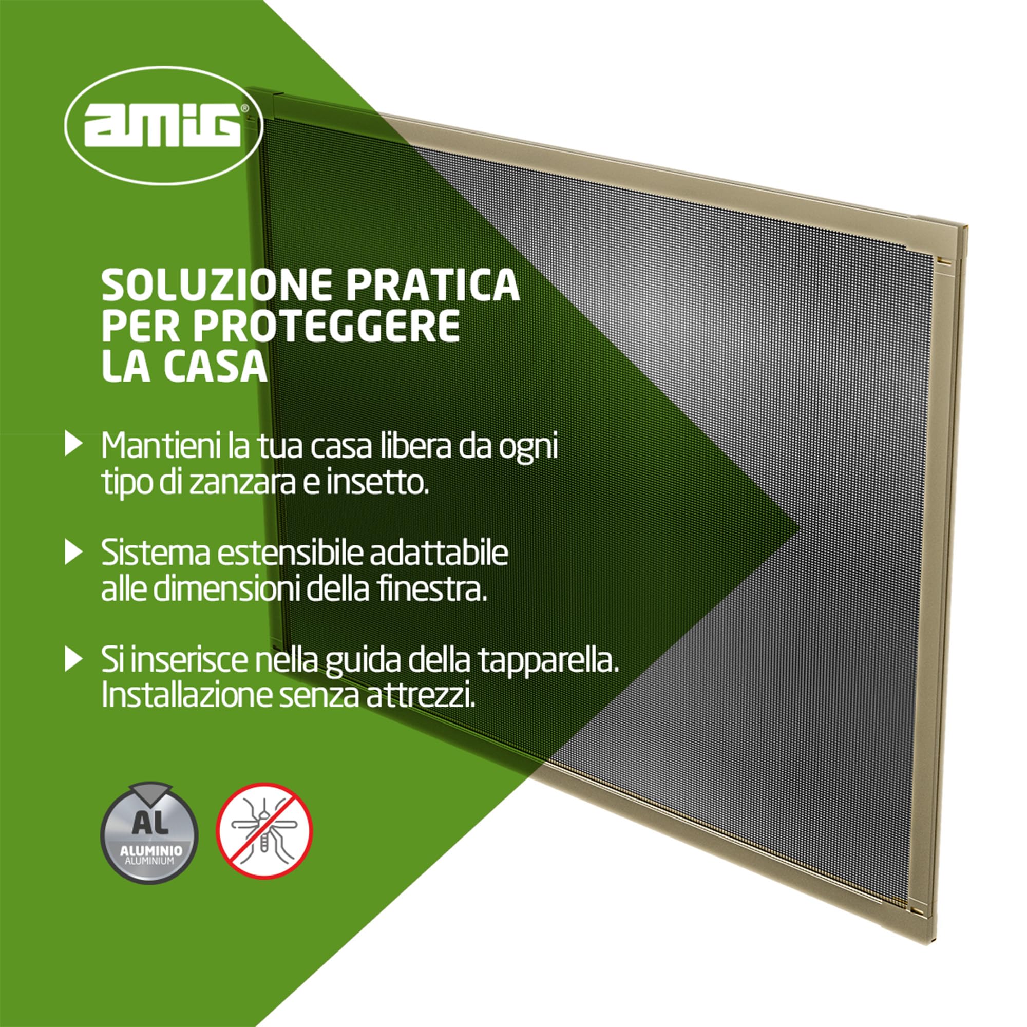 Amig - Zanzariera Estensibile per Finestra - 100 x 70 cm - Telaio in Alluminio Bronzo - Rete in Fibra di Vetro Grigia - Regolabile - Installazione senza attrezzi - Mod. ME01
