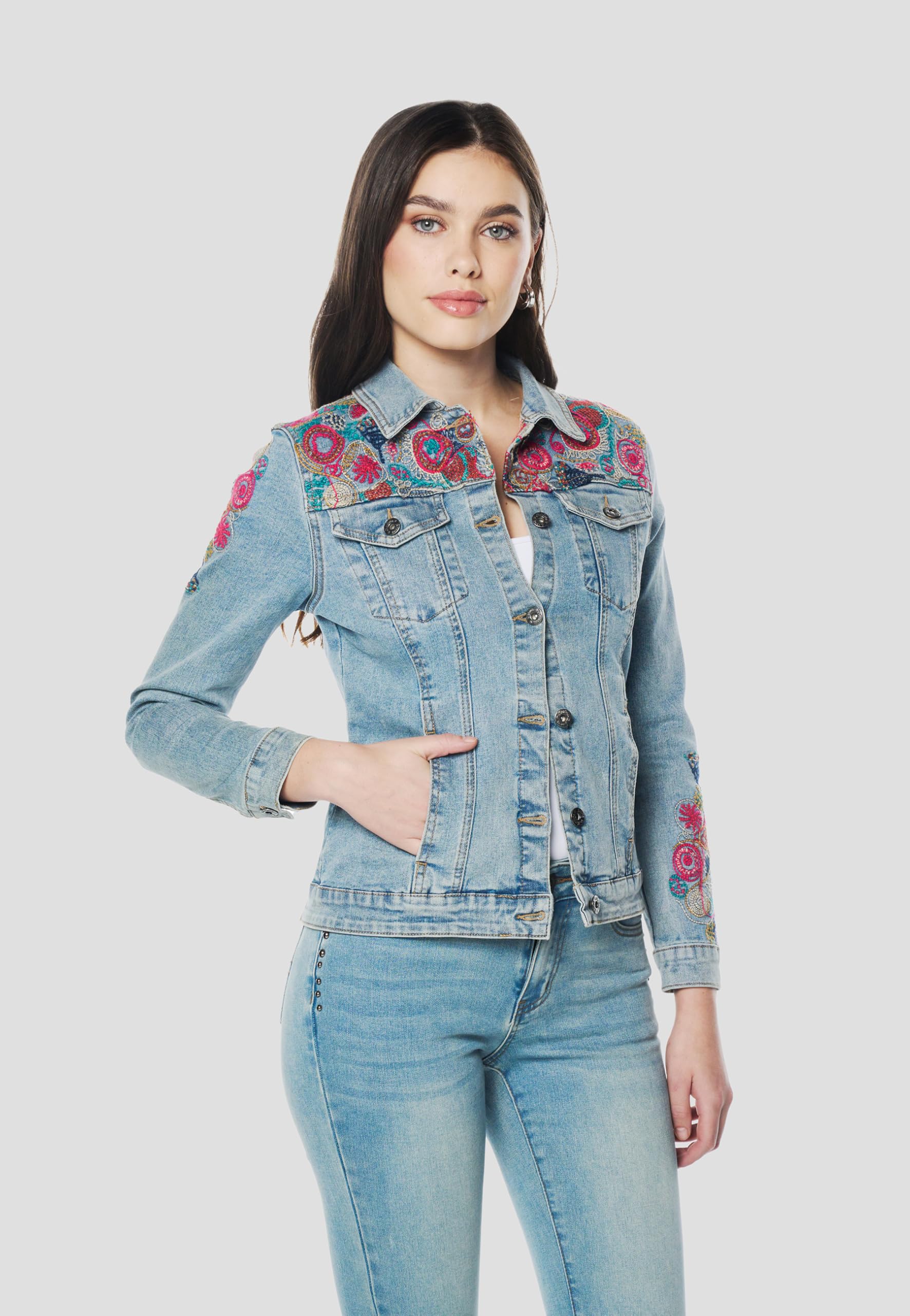Koroshi Cazadora Chaqueta Vaquera Denim Corta Mujer Azul Bordado Floral